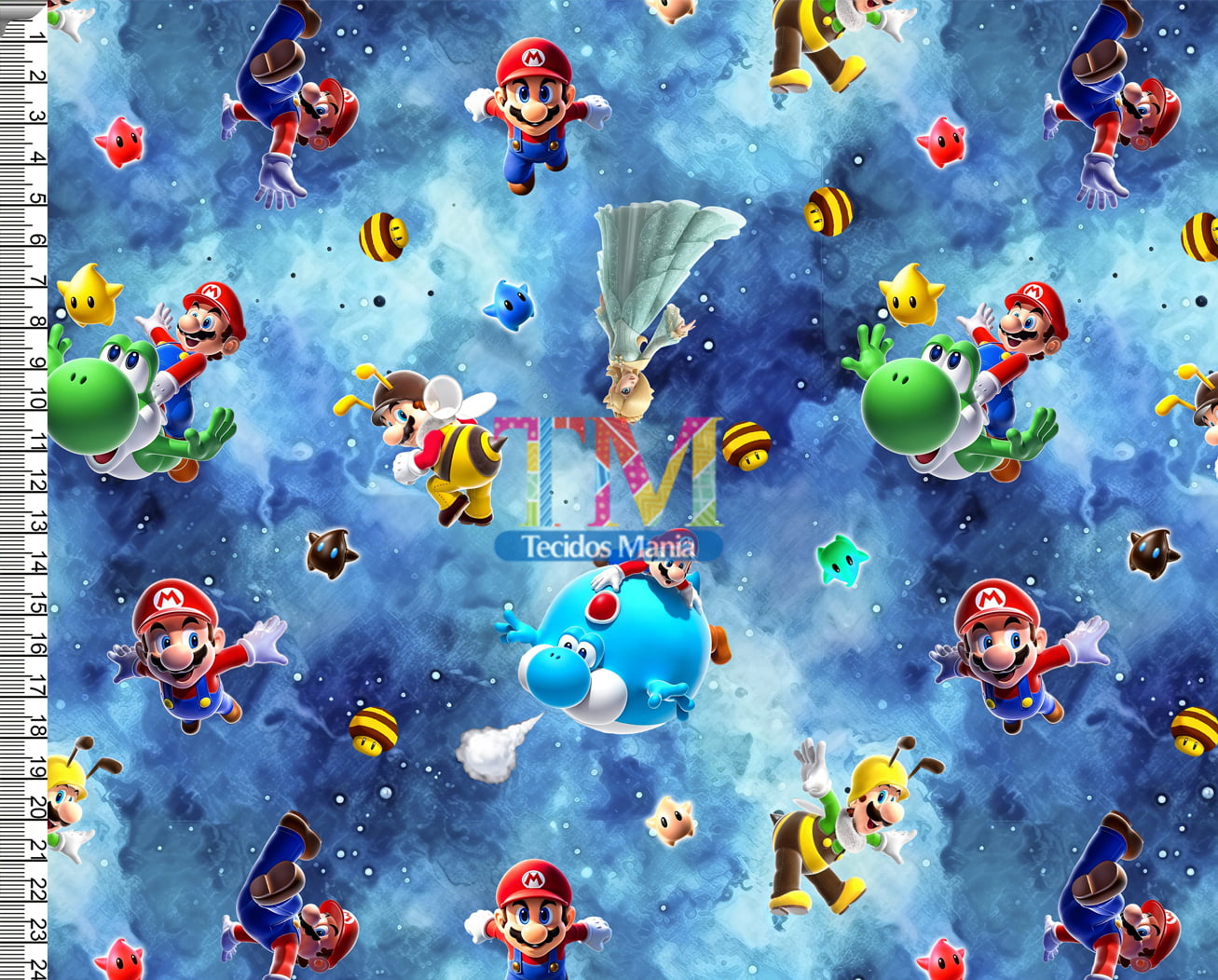 Sintético doll estampado - Festa Junina - Mario Bros - Galáxia - Fundo Universo