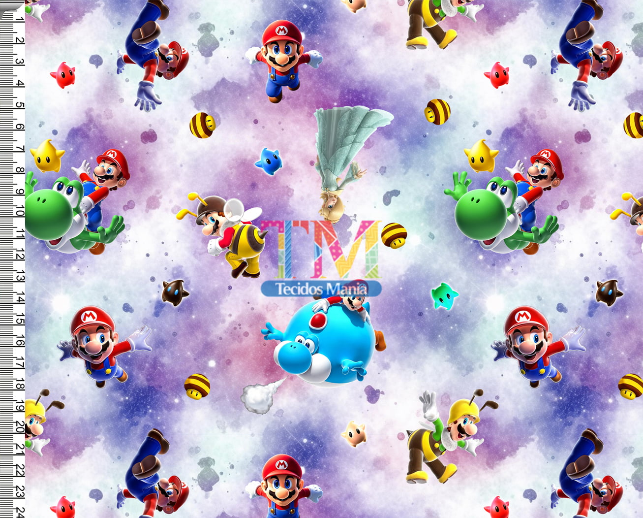 Sintético doll estampado - Festa Junina - Mario Bros - Galáxia - Fundo Universo Rosa