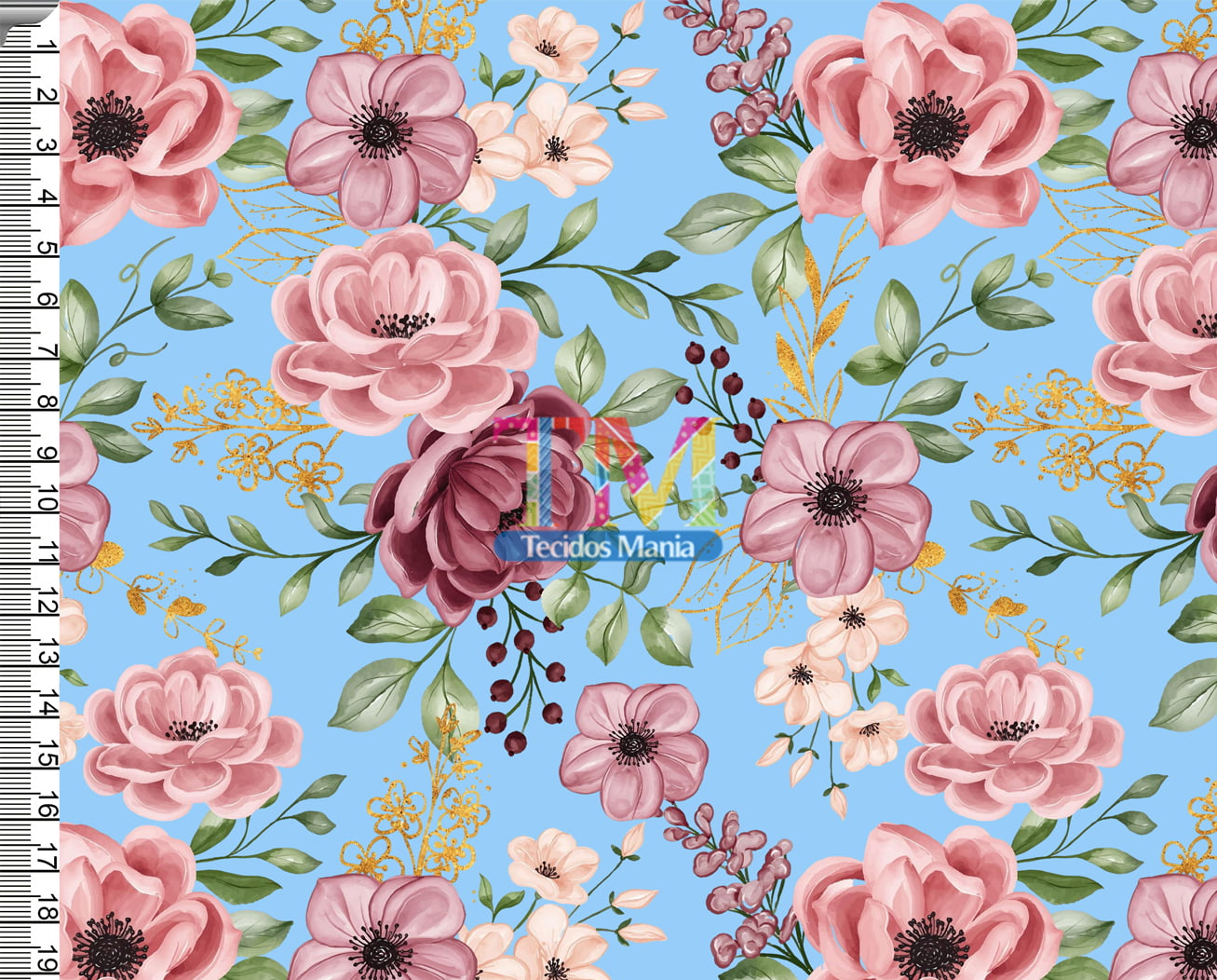 Sintético doll estampado  - Floral Aline - Fundo Azul Claro