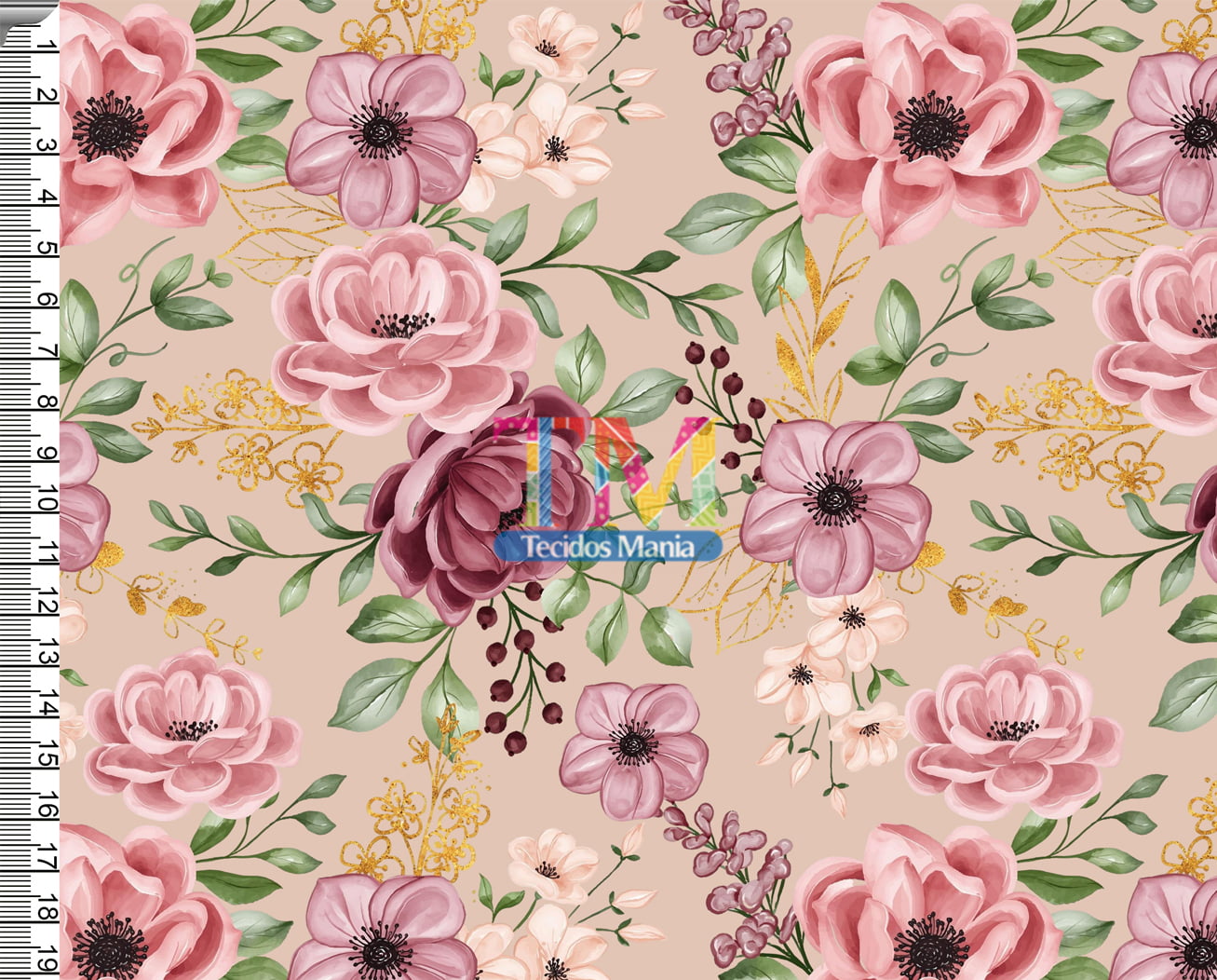 Sintético doll estampado  - Floral Aline - Fundo Salmão