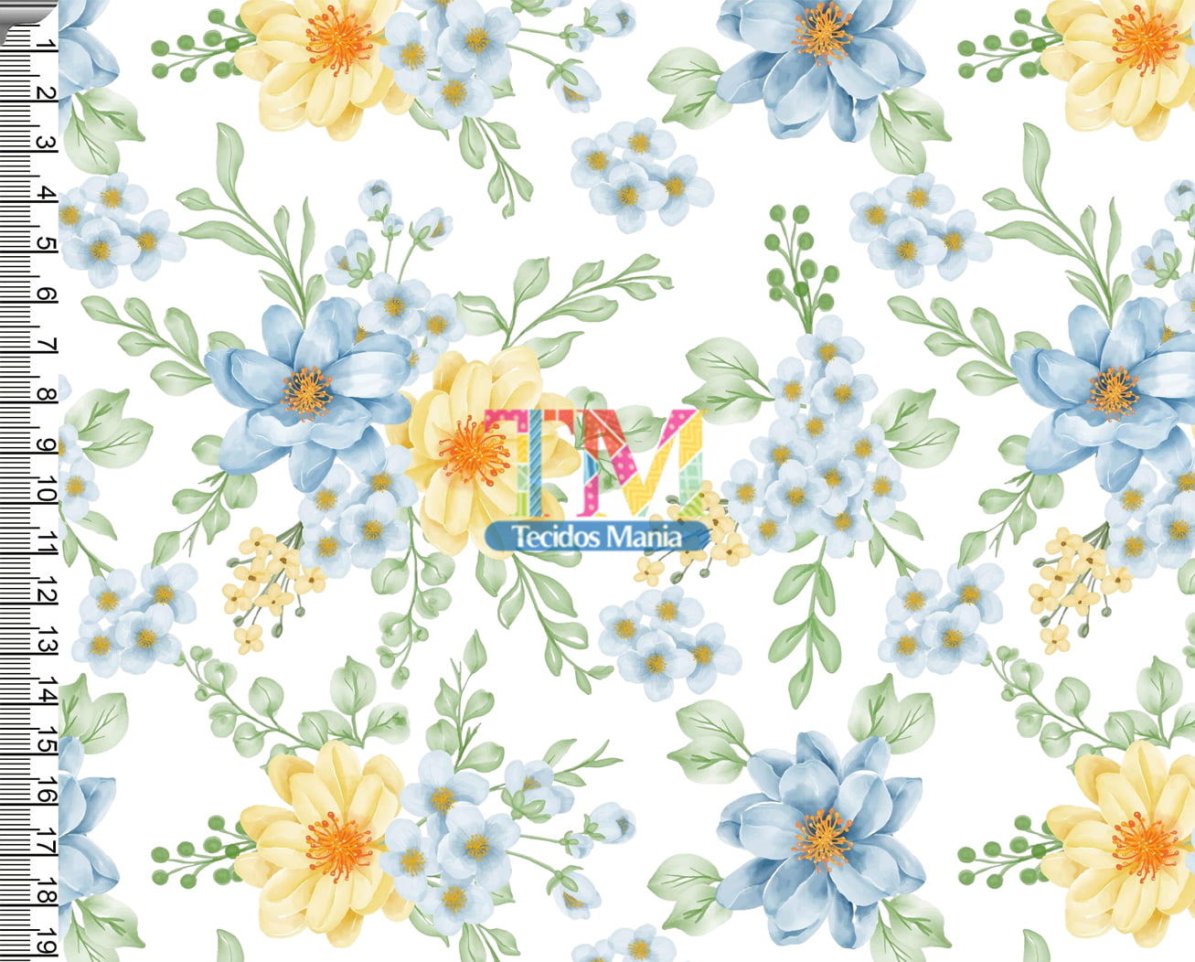 Sintético doll estampado  - Floral - Azul e Amarelo - fundo branco