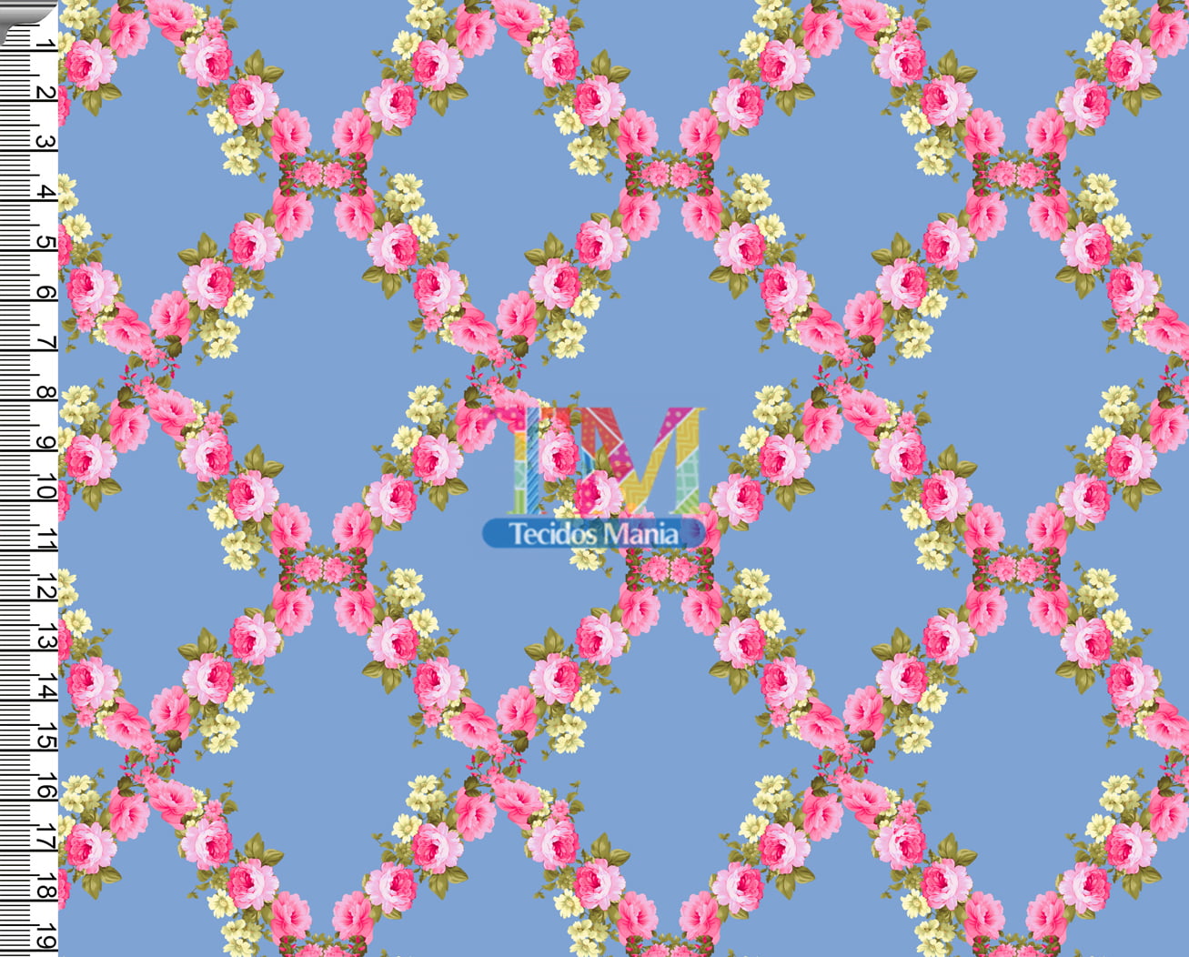 Sintético doll estampado  - Floral - Condessa - Fundo azul Vintage