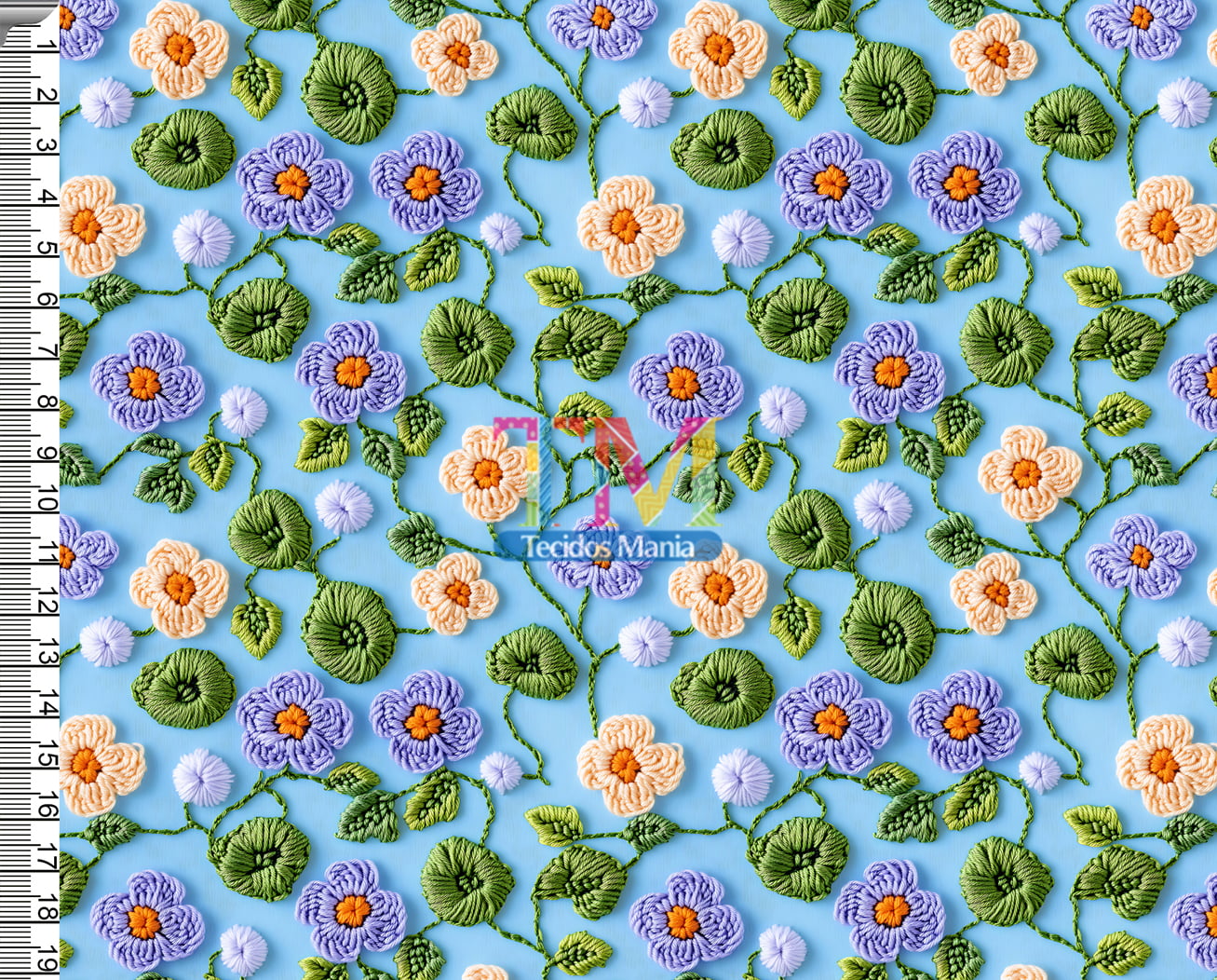 Sintético doll estampado - Floral Fatima - Fundo azul -Bordado - 3D