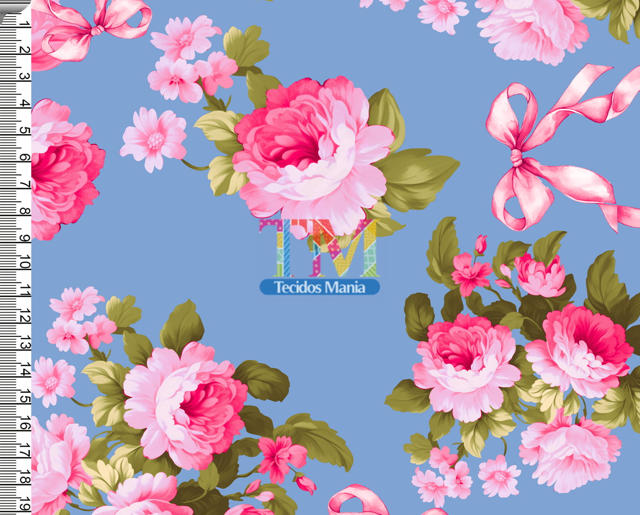 Sintético doll estampado  - Floral laços - Luiza - Fundo Azul Vintage