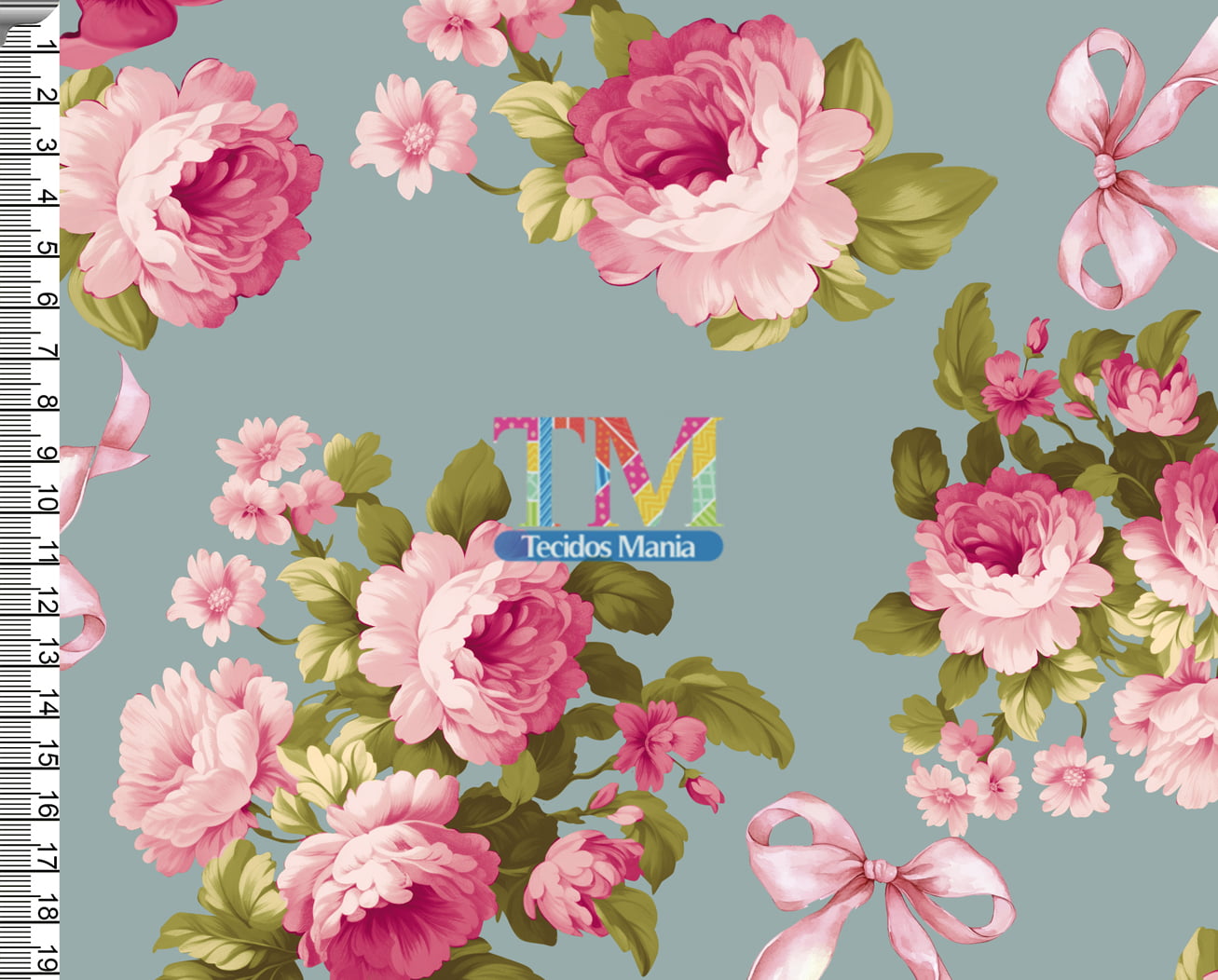 Sintético doll estampado  - Floral laços - Luiza - Fundo Verde Vintage