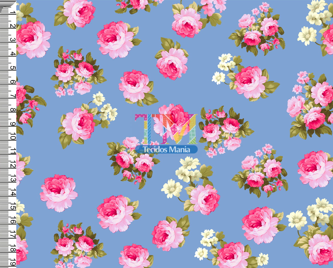 Sintético doll estampado  - Floral - Manu - Fundo Azul Vintage
