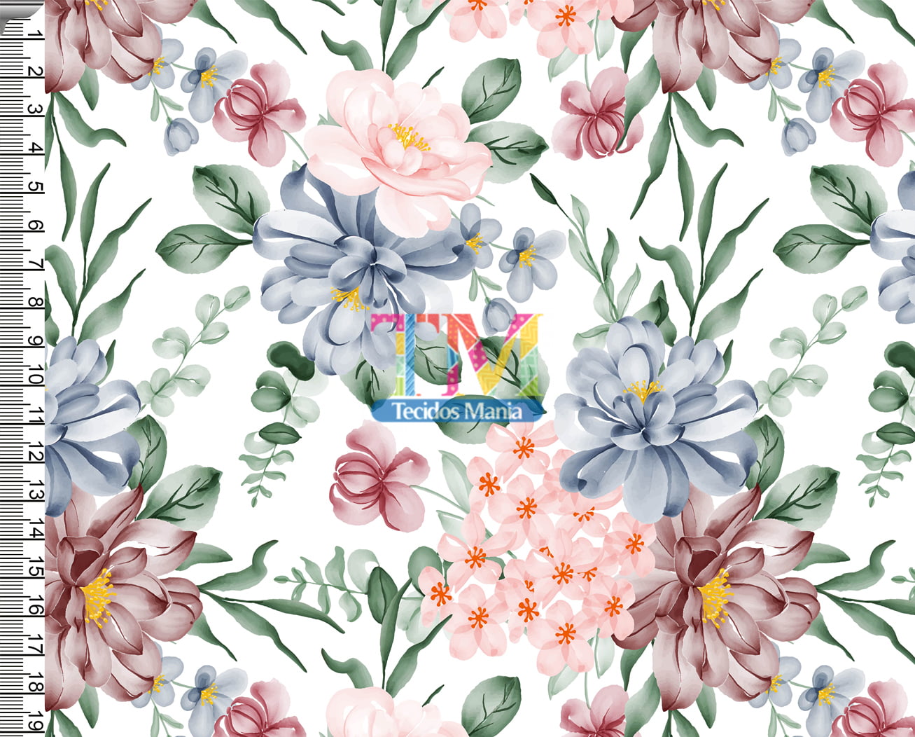 Sintético doll estampado  - Flores e Folhagens - lavanda e Bordô