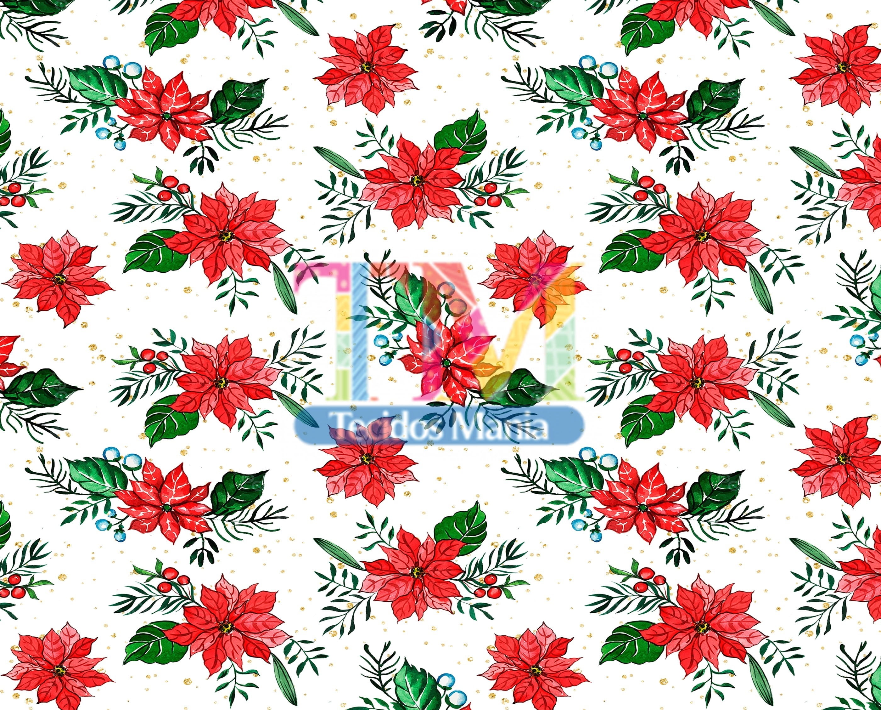 Sintético doll estampado - Flores natalinas - fundo branco