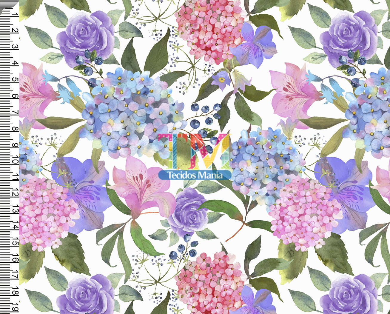 Sintético doll estampado  - Folhas e Flores - Hortênsia - aquarelada