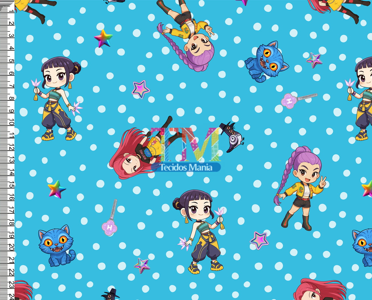 Sintético doll estampado - Guerreiras do K-pop - bolinhas - fundo azul