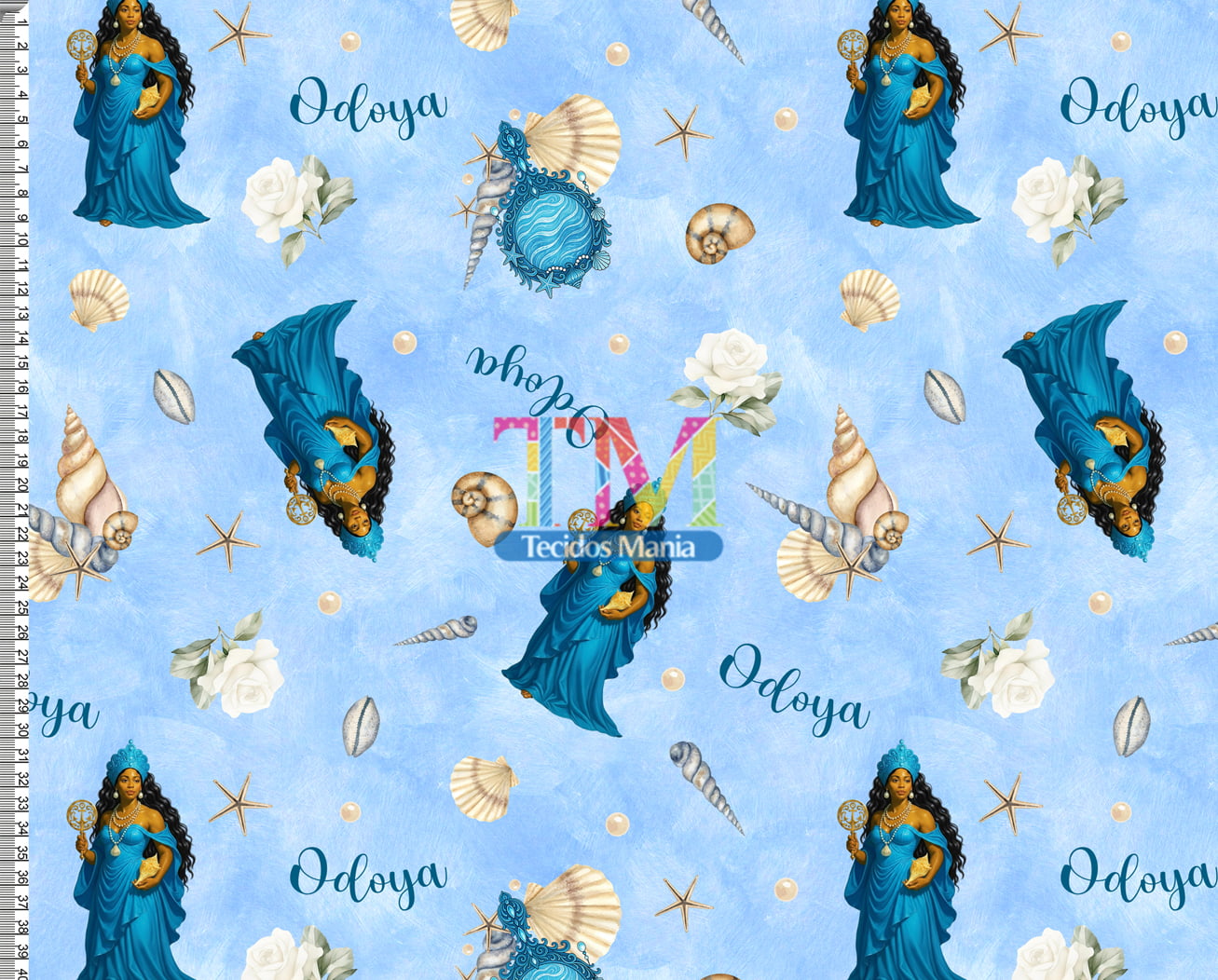 Sintético doll estampado - Iemanjá - Elementos odoya - fundo azul
