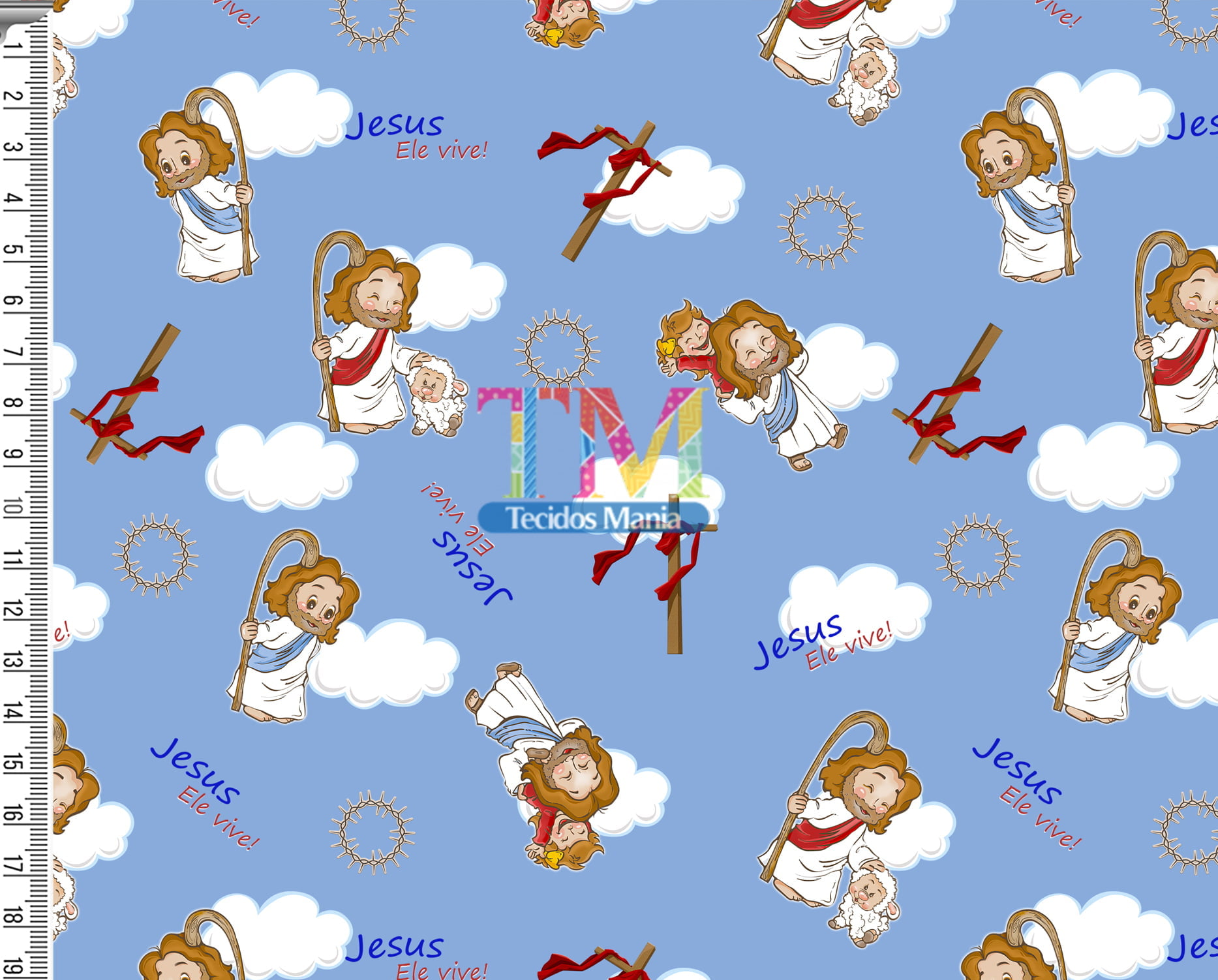 Sintético doll estampado - Jesus - Nuvem - Ele Vive - fundo azul