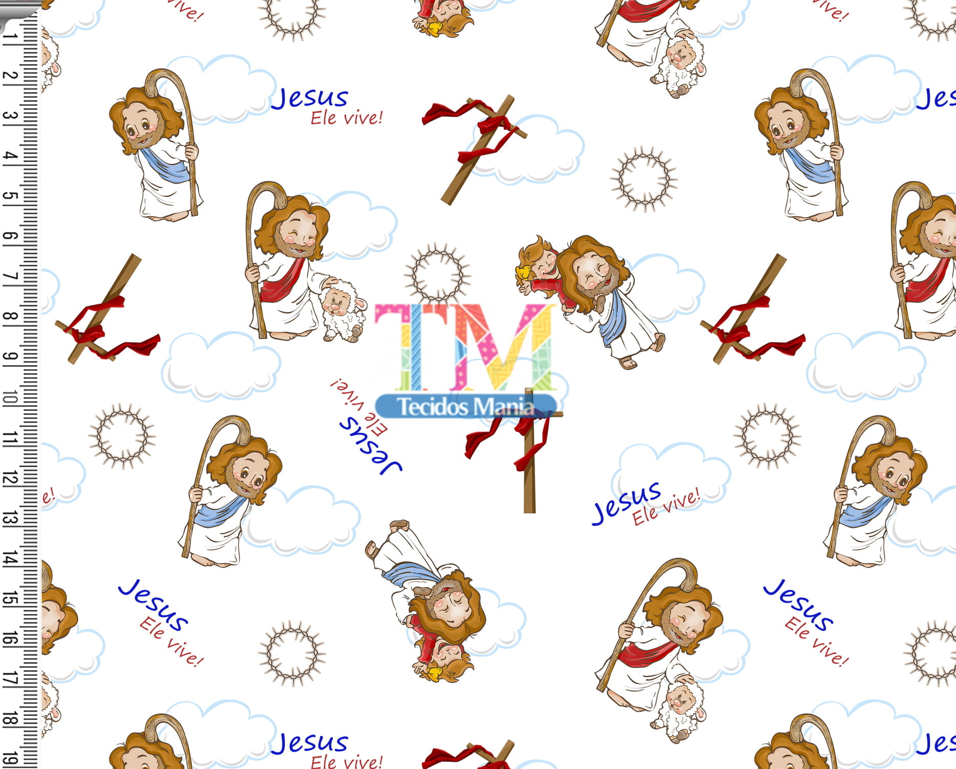 Sintético doll estampado - Jesus - Nuvem - Ele Vive - fundo branco