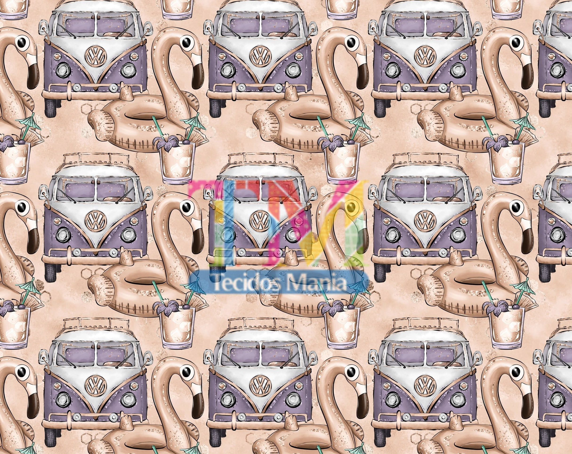 Sintético doll estampado  - Kombi Férias - fundo rosa