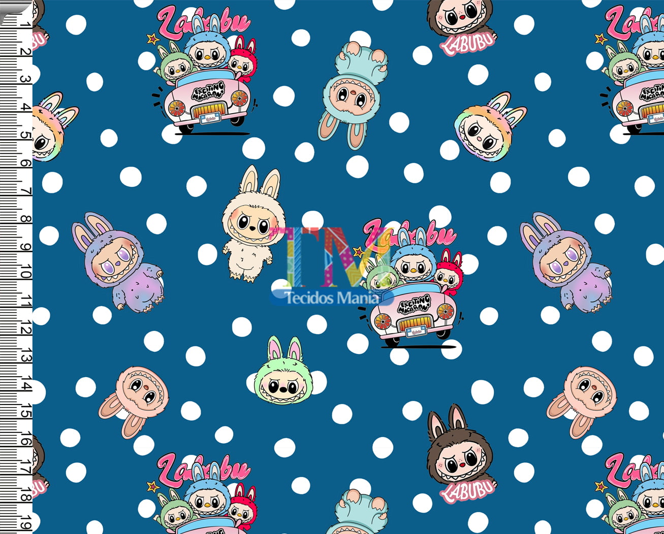 Sintético doll estampado  - Labubu - Bolinhas - fundo Petróleo