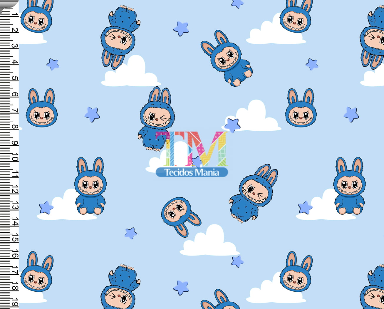 Sintético doll estampado  - Labubu - Nuvens - Fundo azul