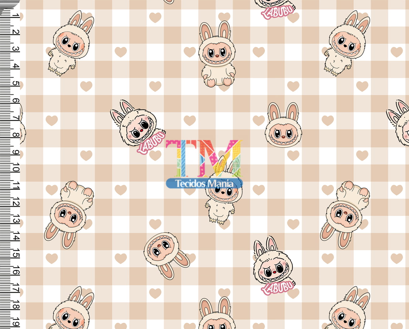 Sintético doll estampado  - Labubu - Xadrez Corações - bege