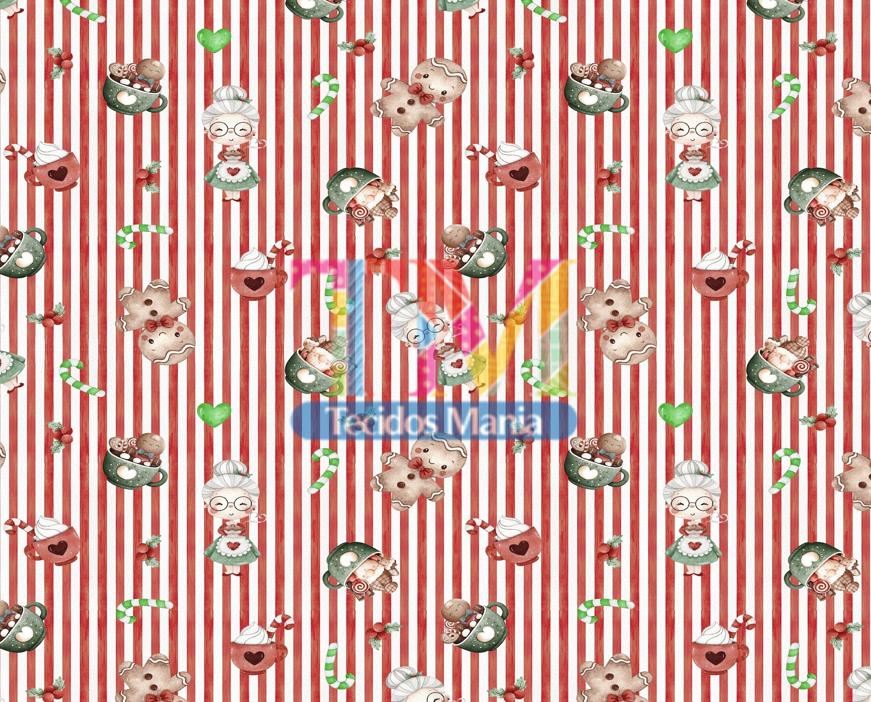 Sintético doll estampado - Mamãe Noel - fundo listrado