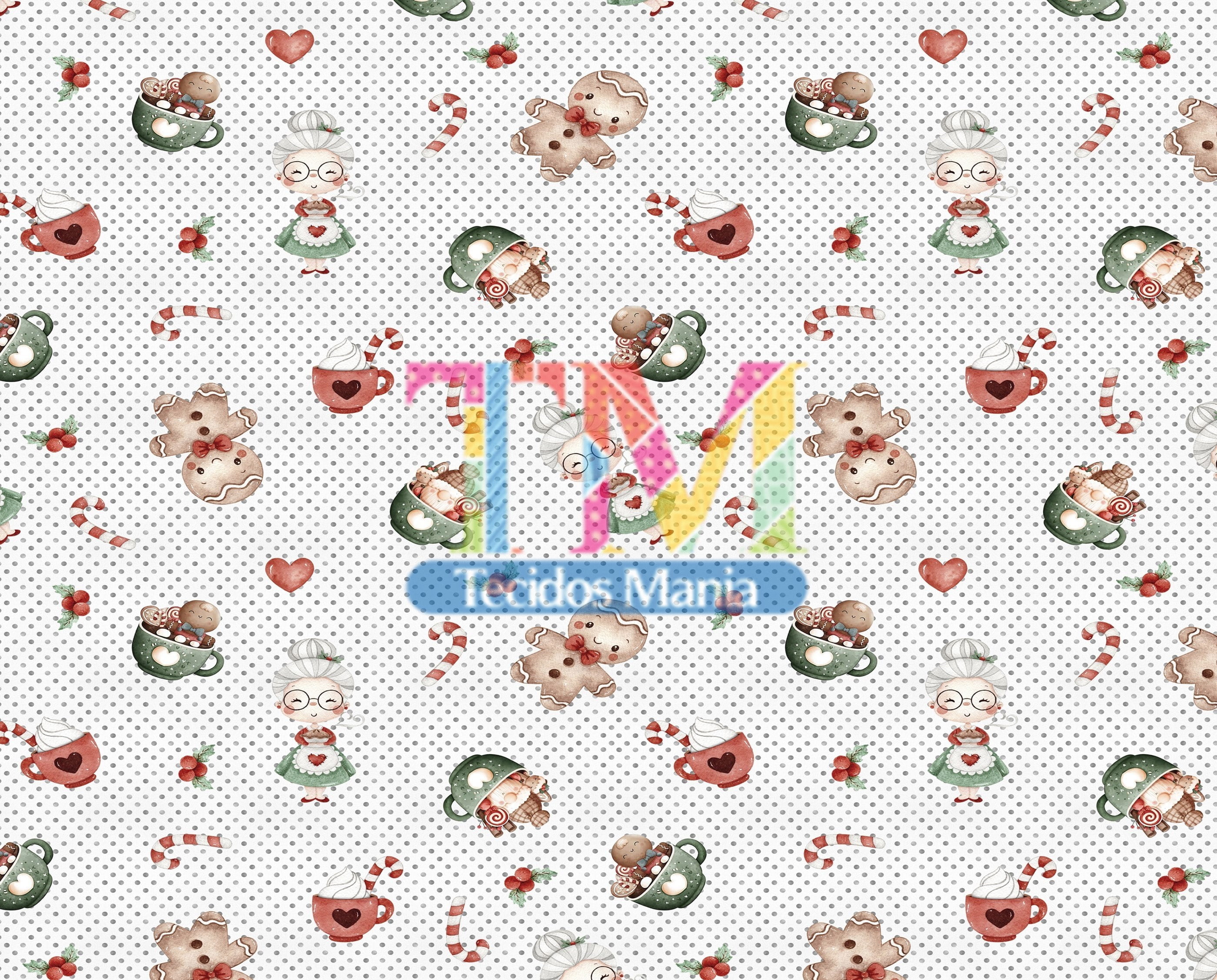 Sintético doll estampado - Mamãe Noel - fundo poá