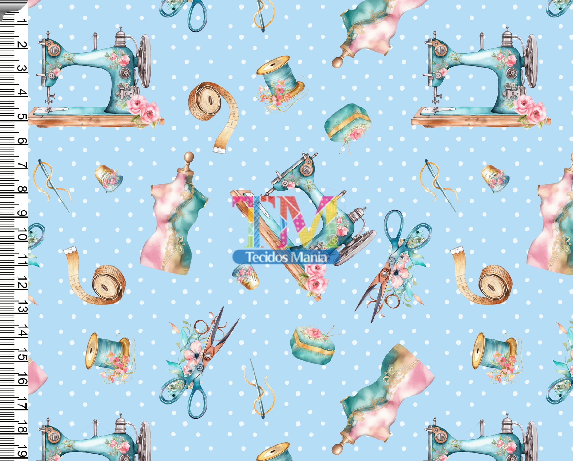 Sintético doll estampado - Maquina de costura - Fundo azul