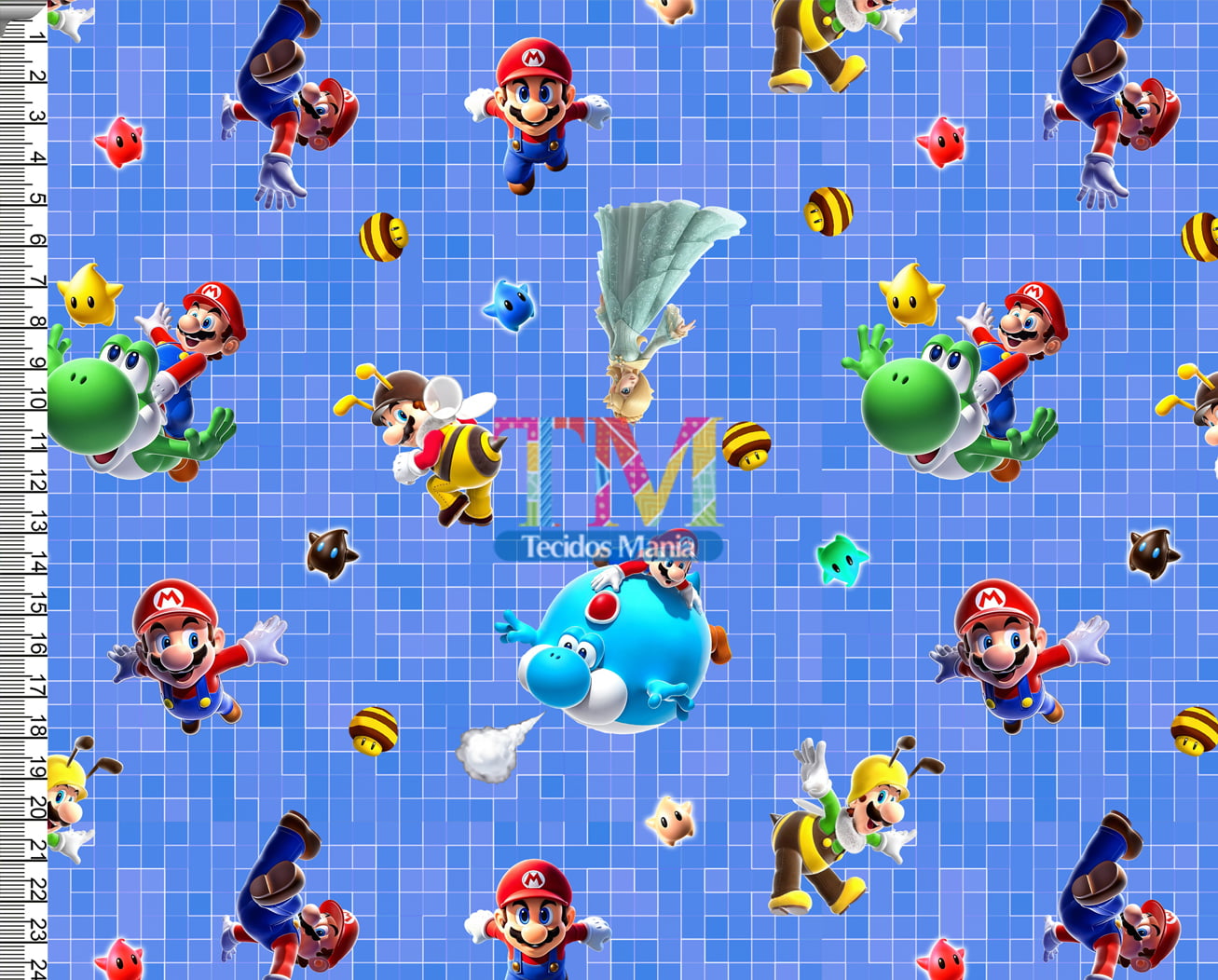 Sintético doll estampado - Mario Bros - Galáxia - fundo azul