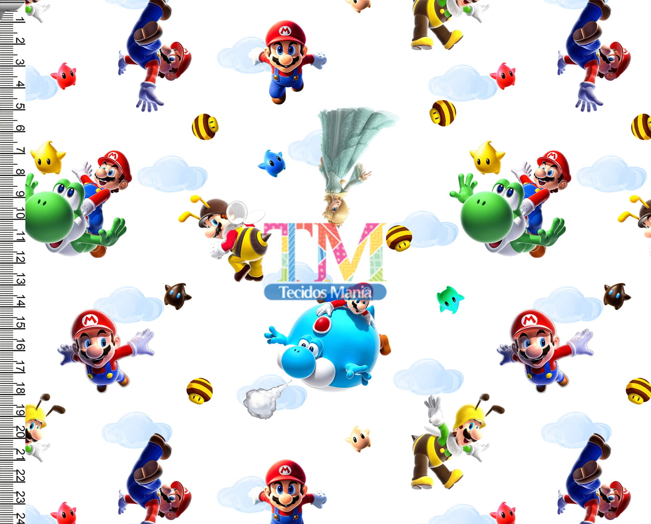 Sintético doll estampado - Mario Bros - Galáxia - fundo branco