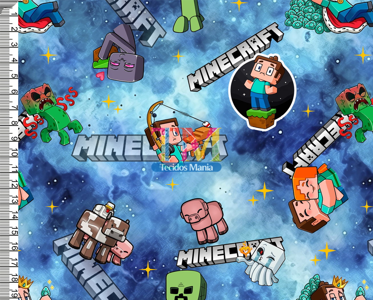 Sintético doll estampado - Minecraft e seus amigos - fundo galaxia