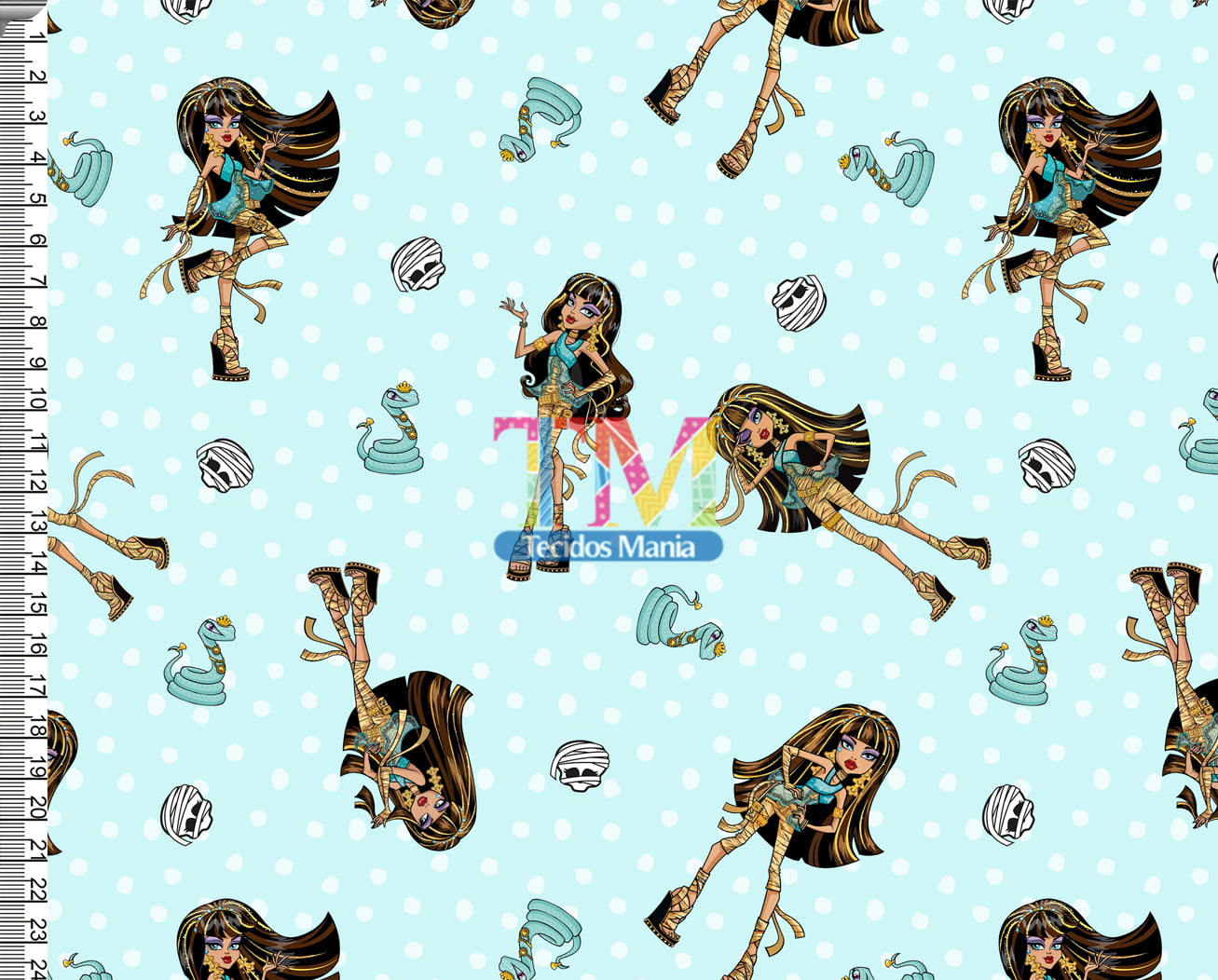 Sintético doll estampado - Monster High - Cleo de Nile - fundo azul claro