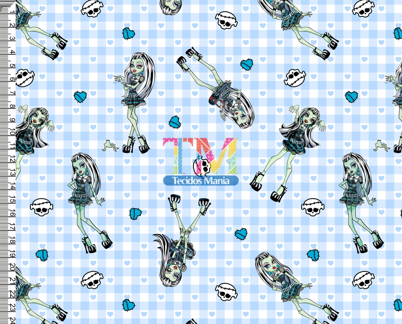 Sintético doll estampado - Monster High - Frankie Stein - Fundo Xadrez azul claro