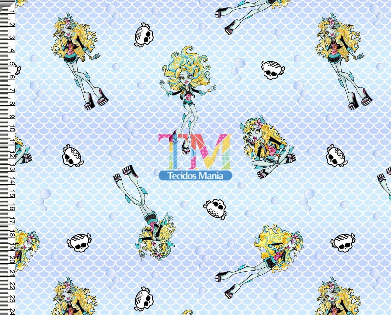 Sintético doll estampado - Monster High - lagoona blue - Fundo azul bebe