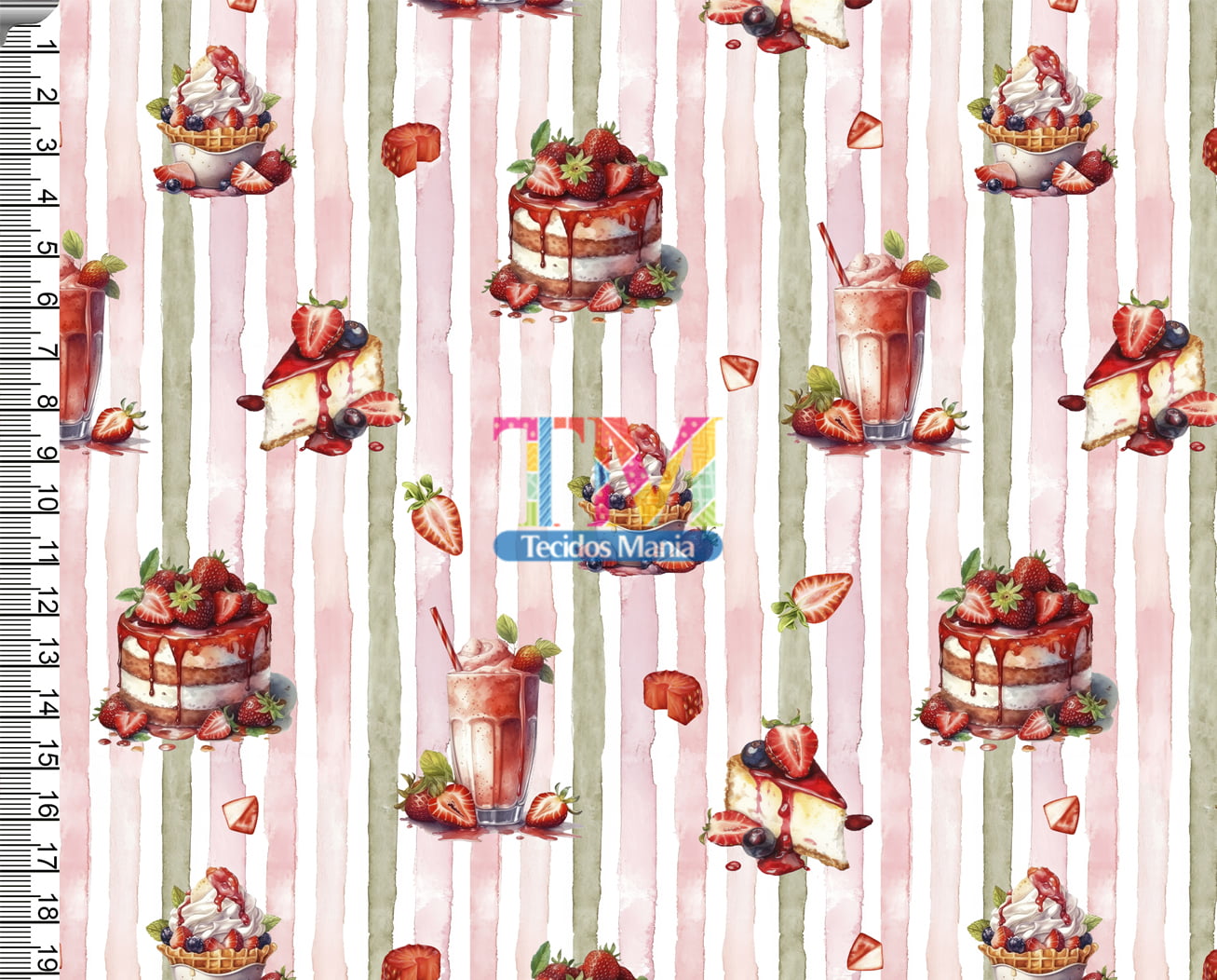 Sintético doll estampado  -  Morango - Bolo e milk shake - Listras rosa
