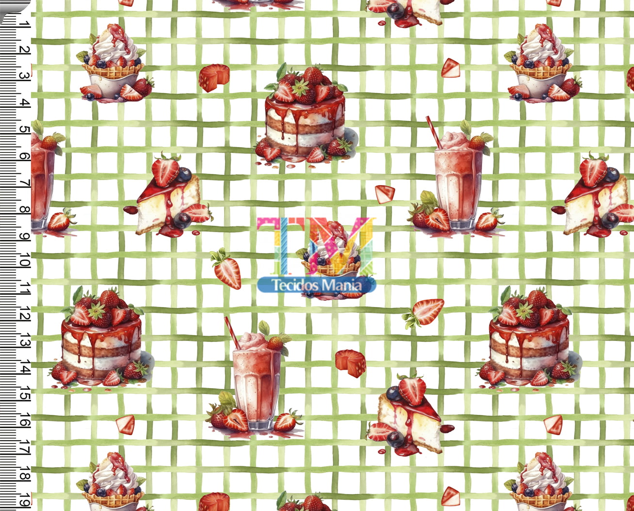 Sintético doll estampado -  Morango - Bolo e milk shake - Xadrez verde