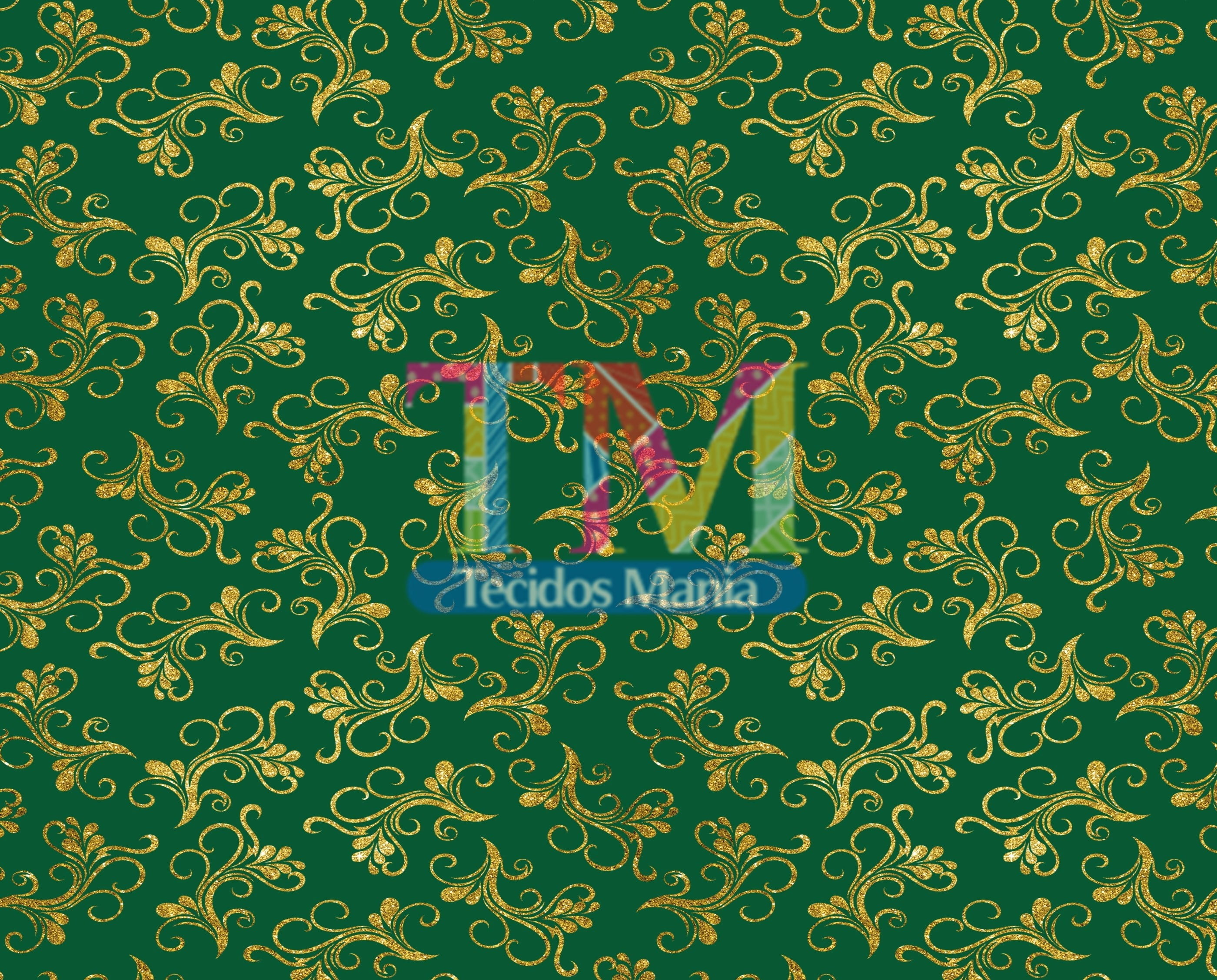 Sintético doll estampado - Natal - Arabesco dourado - fundo verde