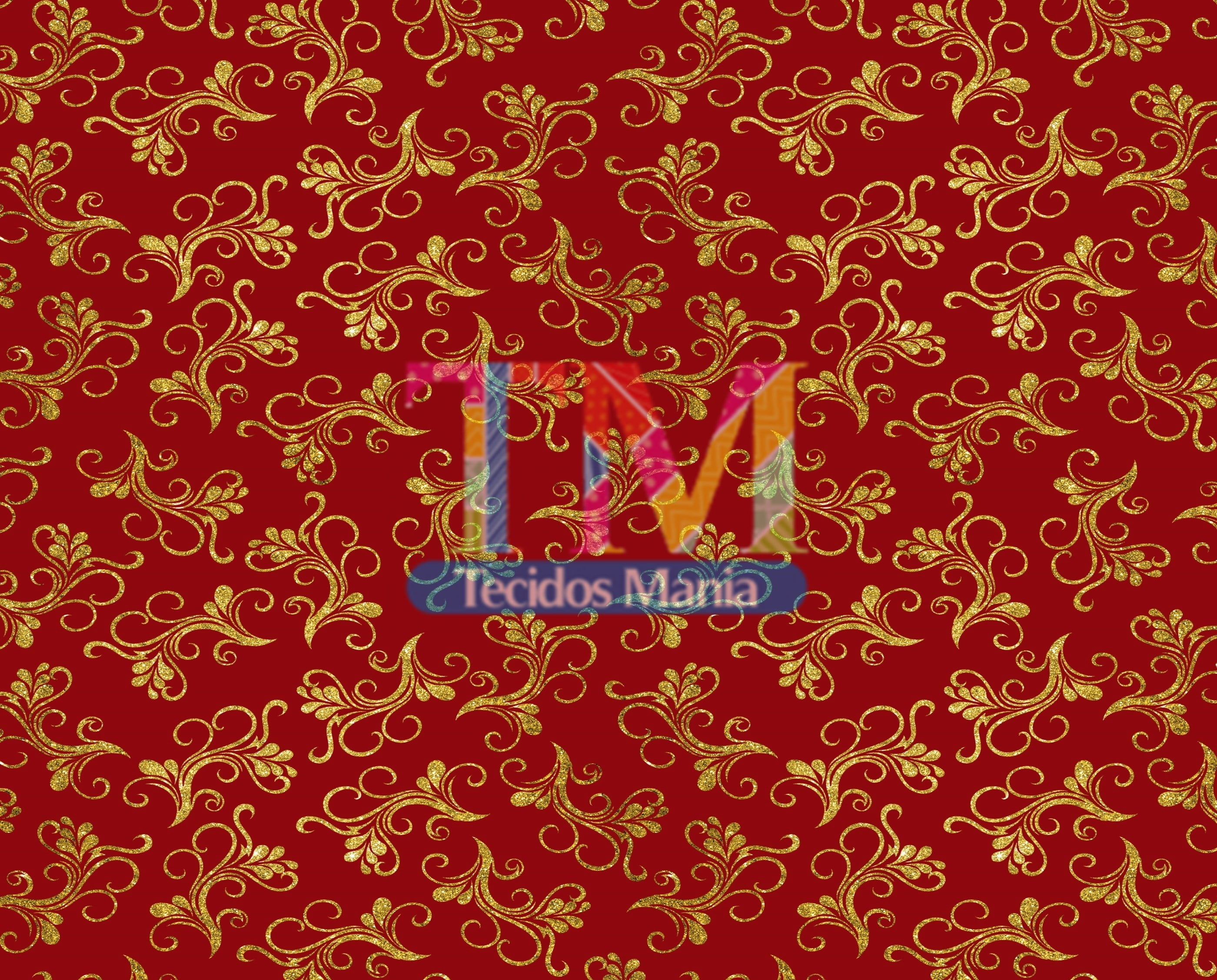 Sintético doll estampado - Natal - Arabesco dourado - fundo vermelho