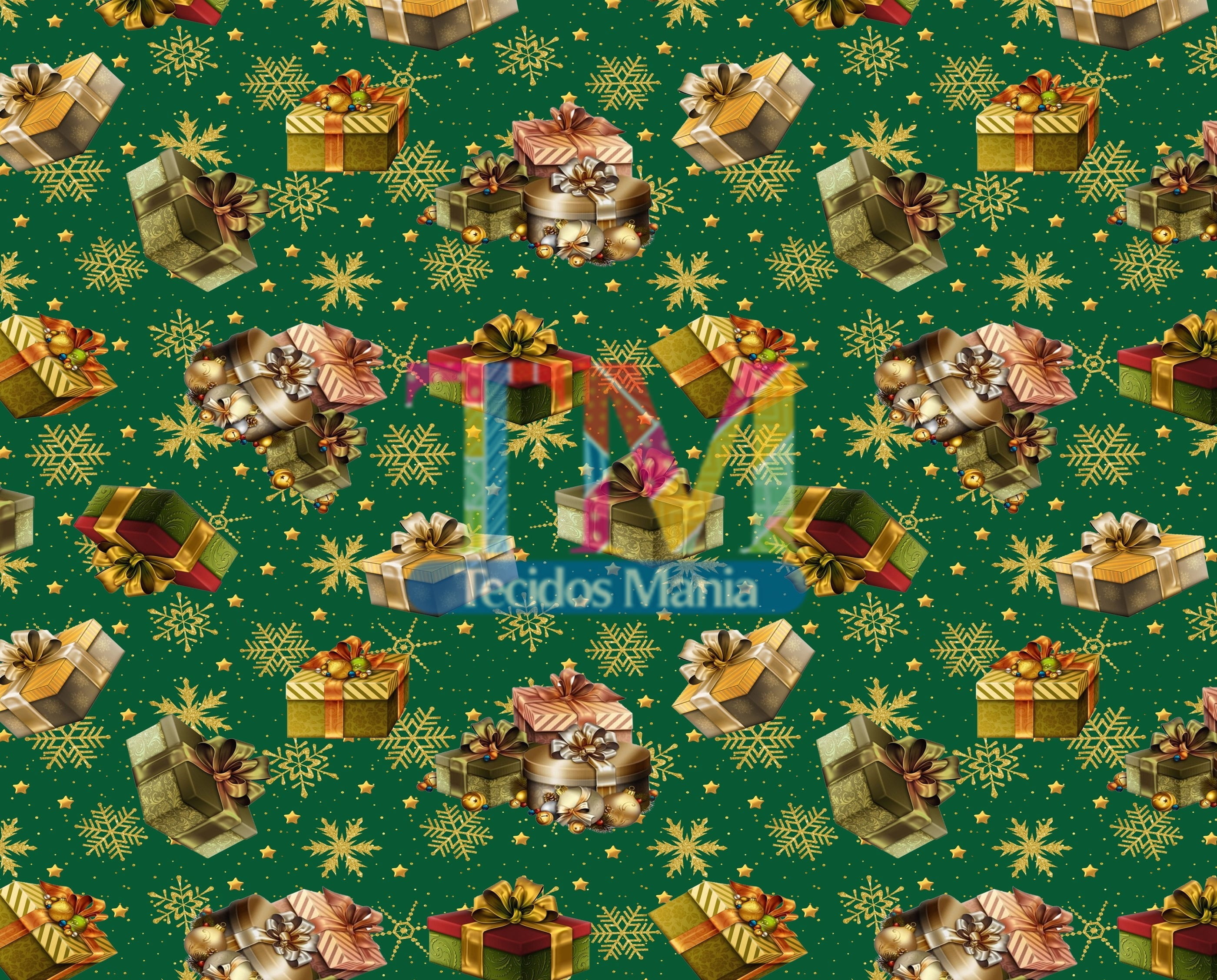 Sintético doll estampado - Natal - Caixas de presentes - fundo verde