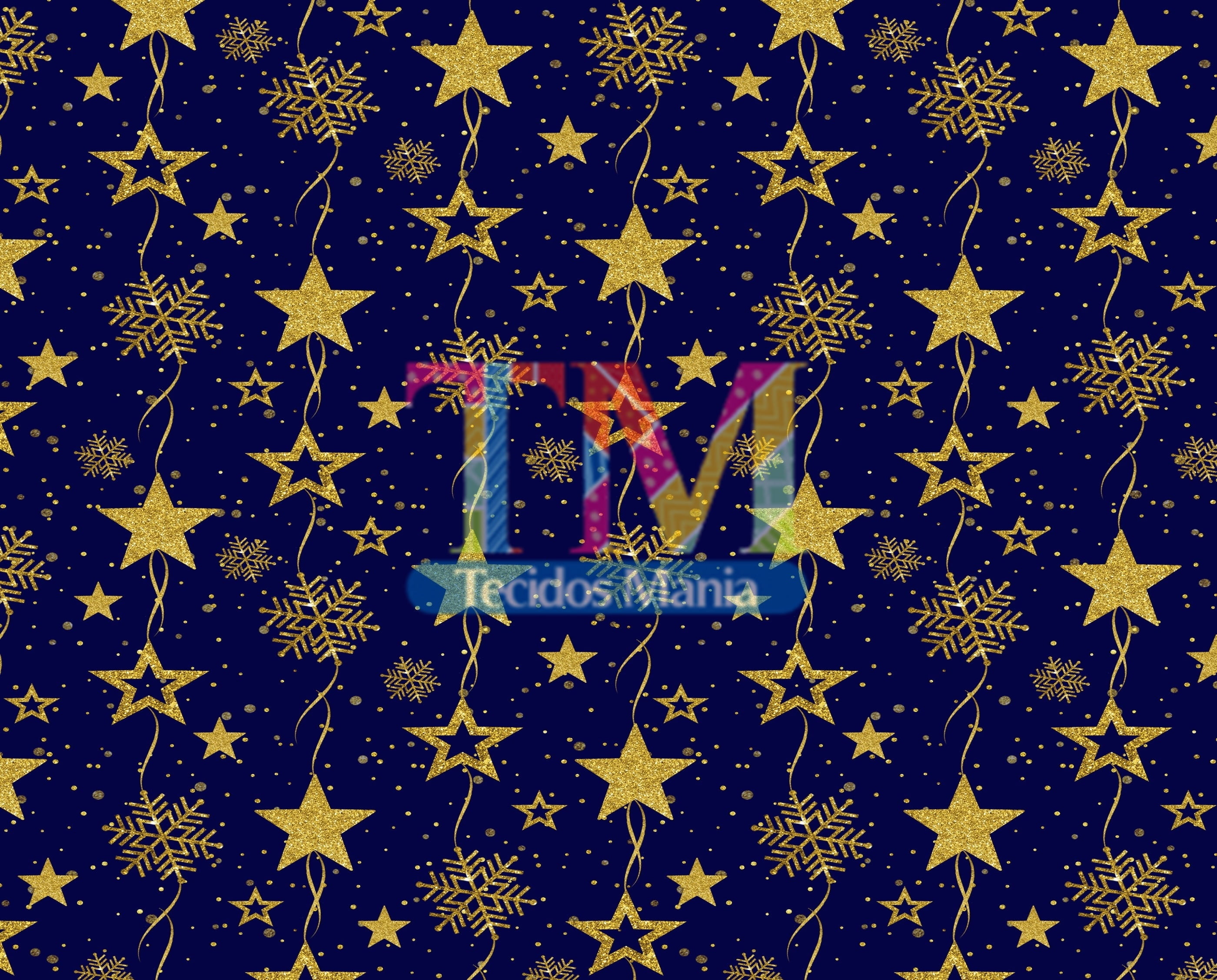Sintético doll estampado - Natal - Estrela gold - fundo azul