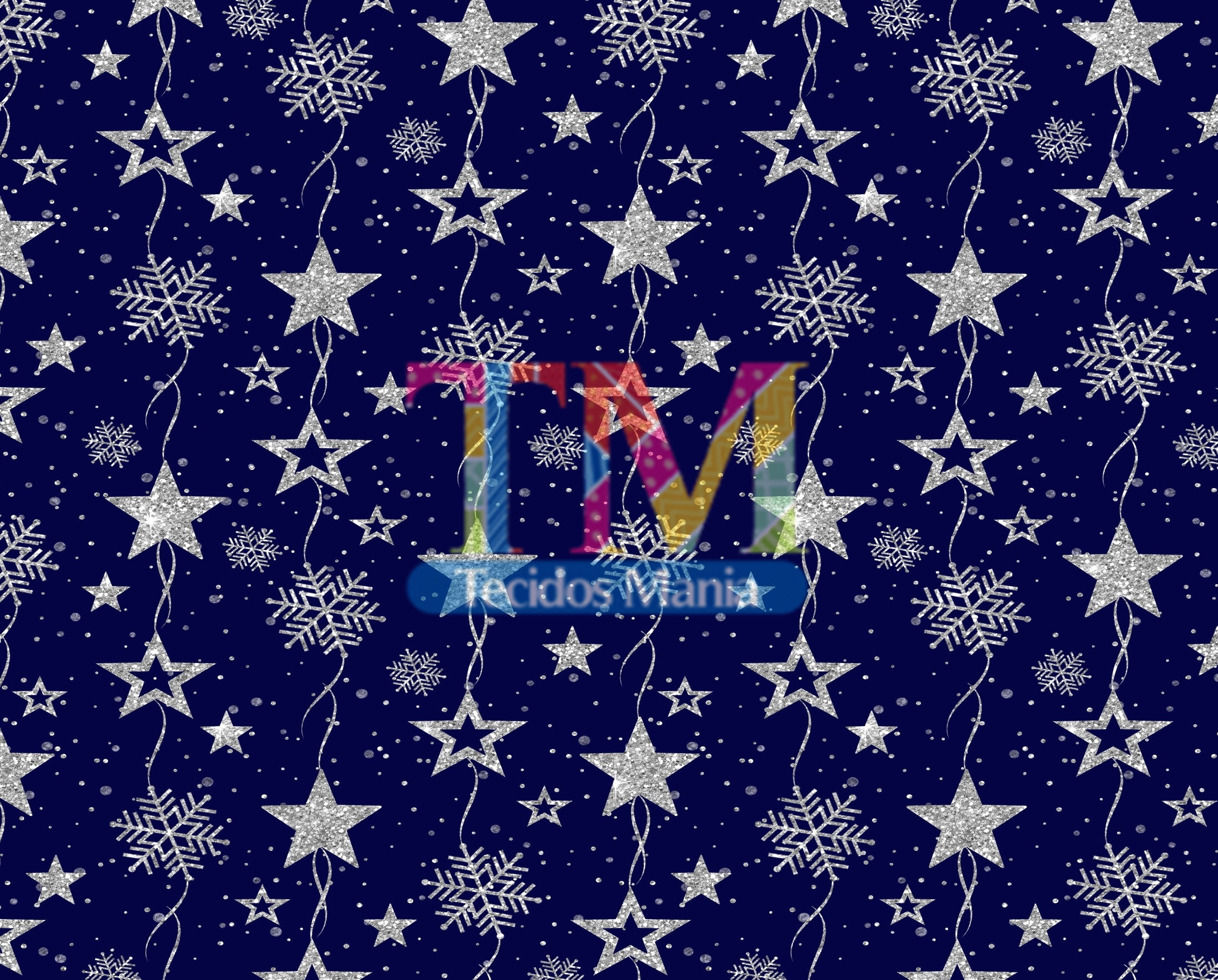 Sintético doll estampado - Natal - Estrela prata - fundo azul
