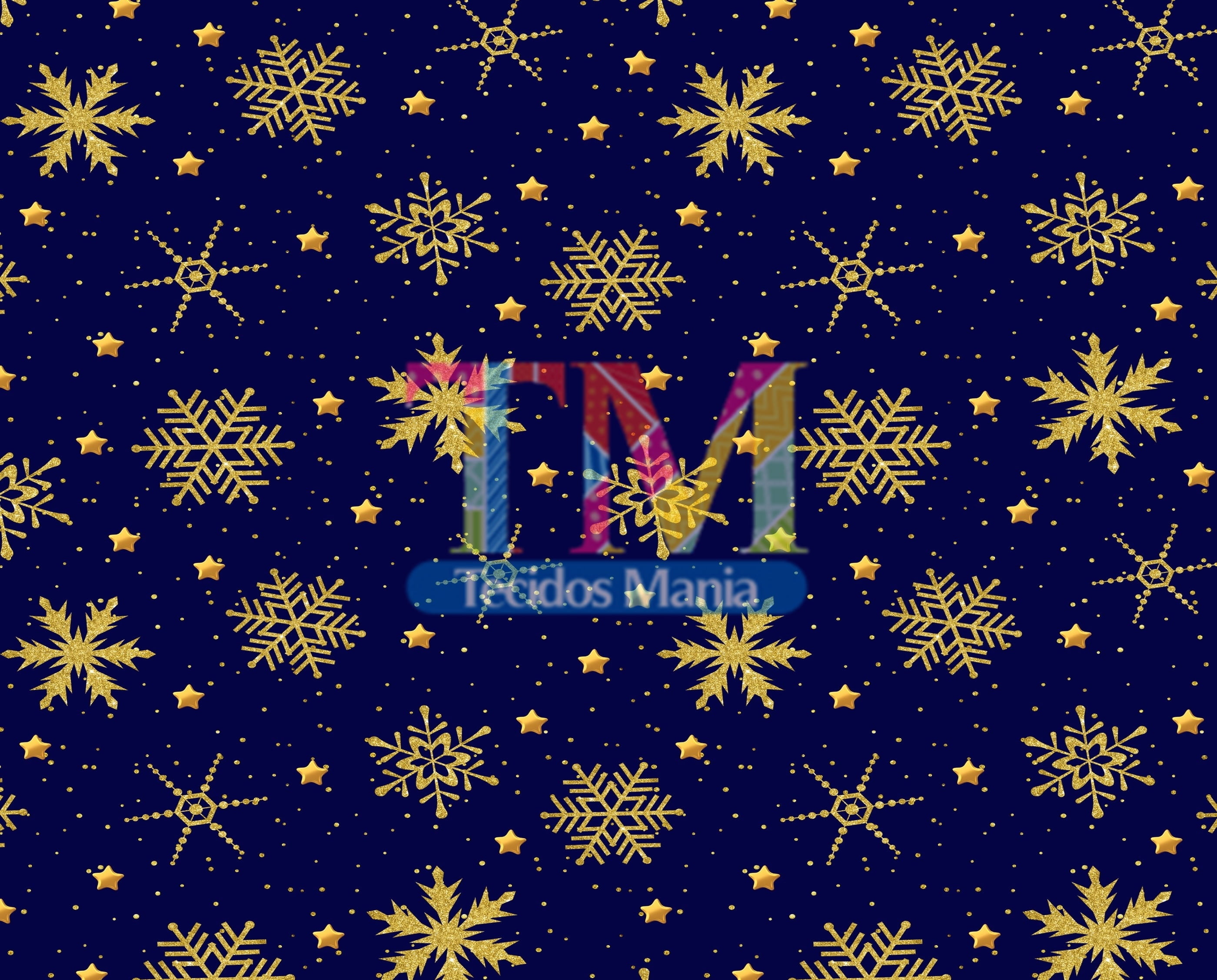 Sintético doll estampado - Natal - Flocos de neve dourado - fundo azul