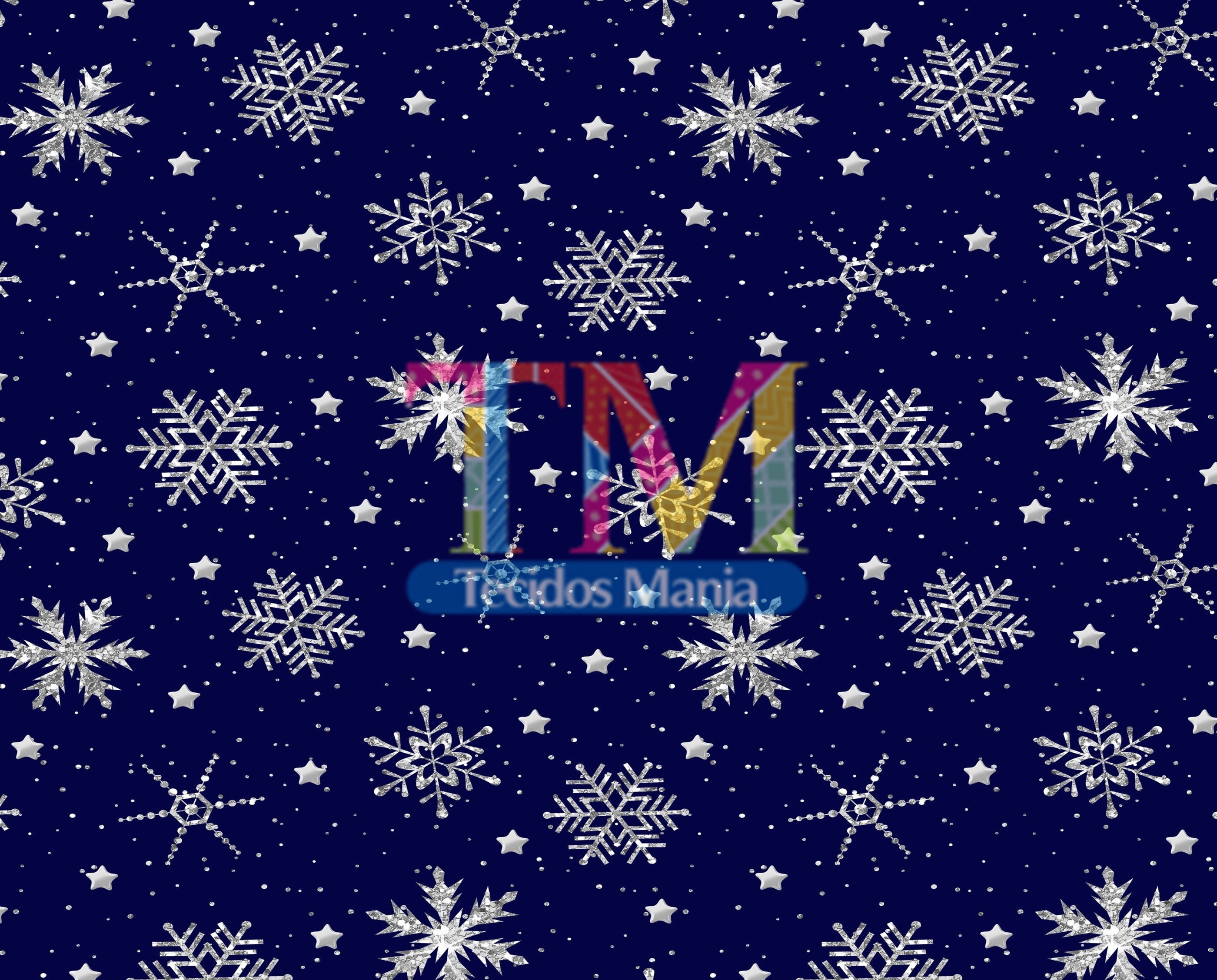 Sintético doll estampado - Natal - Flocos de neve prata - fundo azul
