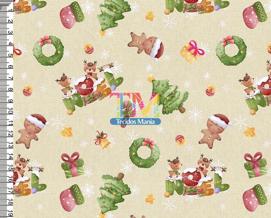 Sintético doll estampado - Natal - noel - biscoito - fundo bege