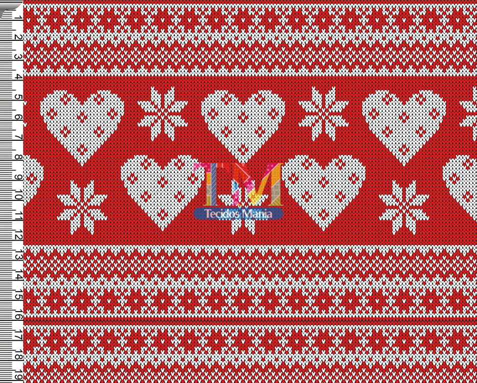 Sintético doll estampado - Natal - tricô - corações - fundo vermelho