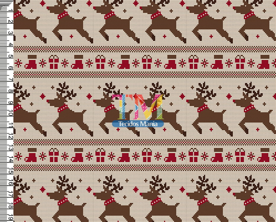 Sintético doll estampado - Natal - tricô - renas - fundo bege