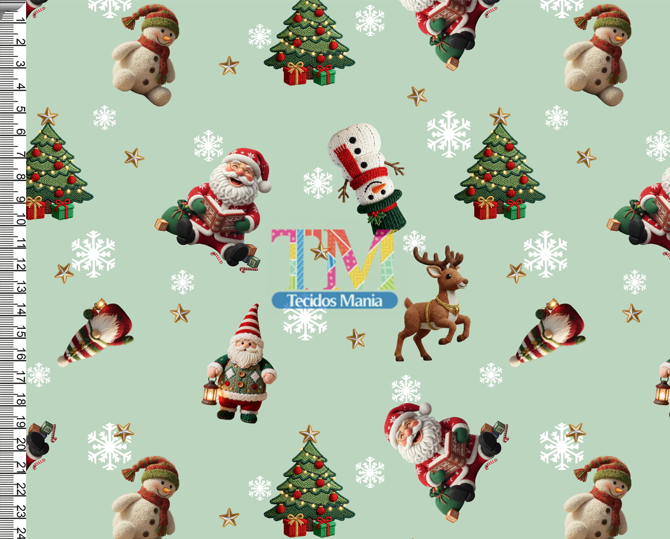 Sintético doll estampado - Noel e Boneco de neve - Fundo verde claro - Bordado - 3D