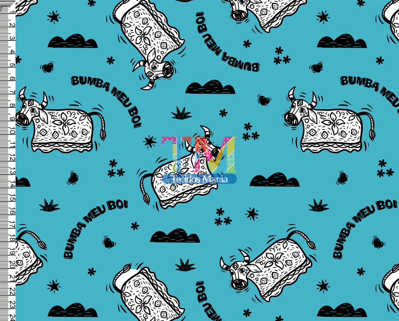 Sintético doll estampado - Nordeste - Bumba meu boi - Fundo Azul