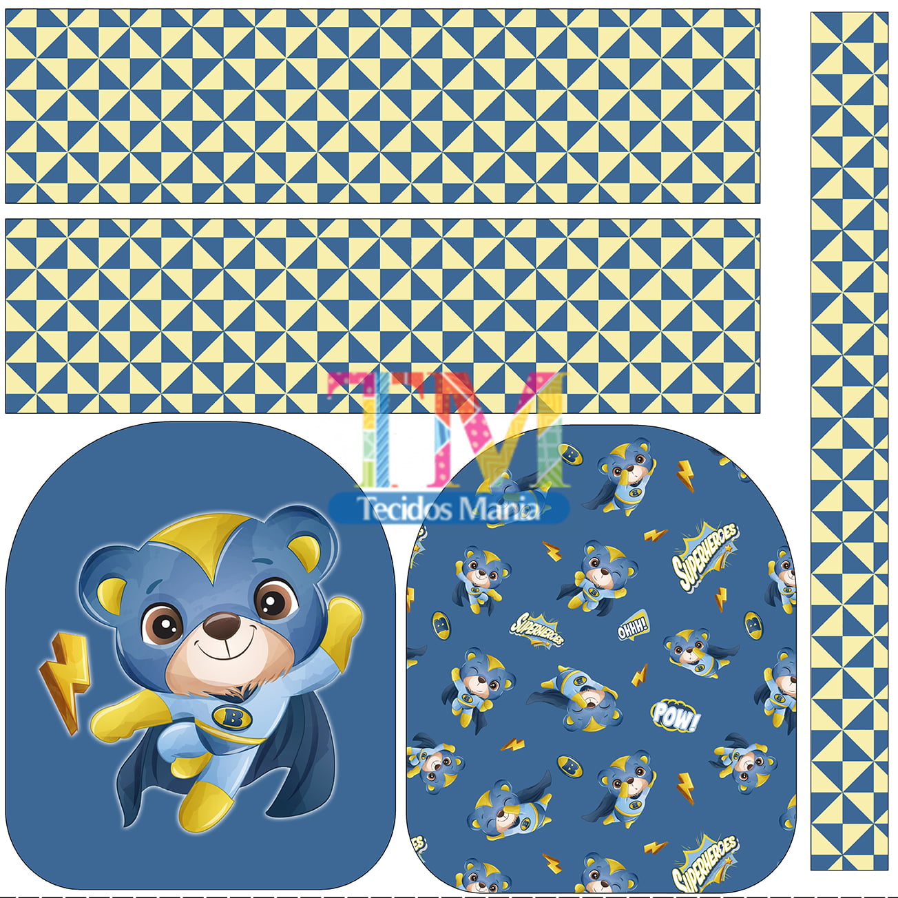 Sintético doll estampado - Painel Mini Mochila - Super heroi - Ursinho - Fundo azul