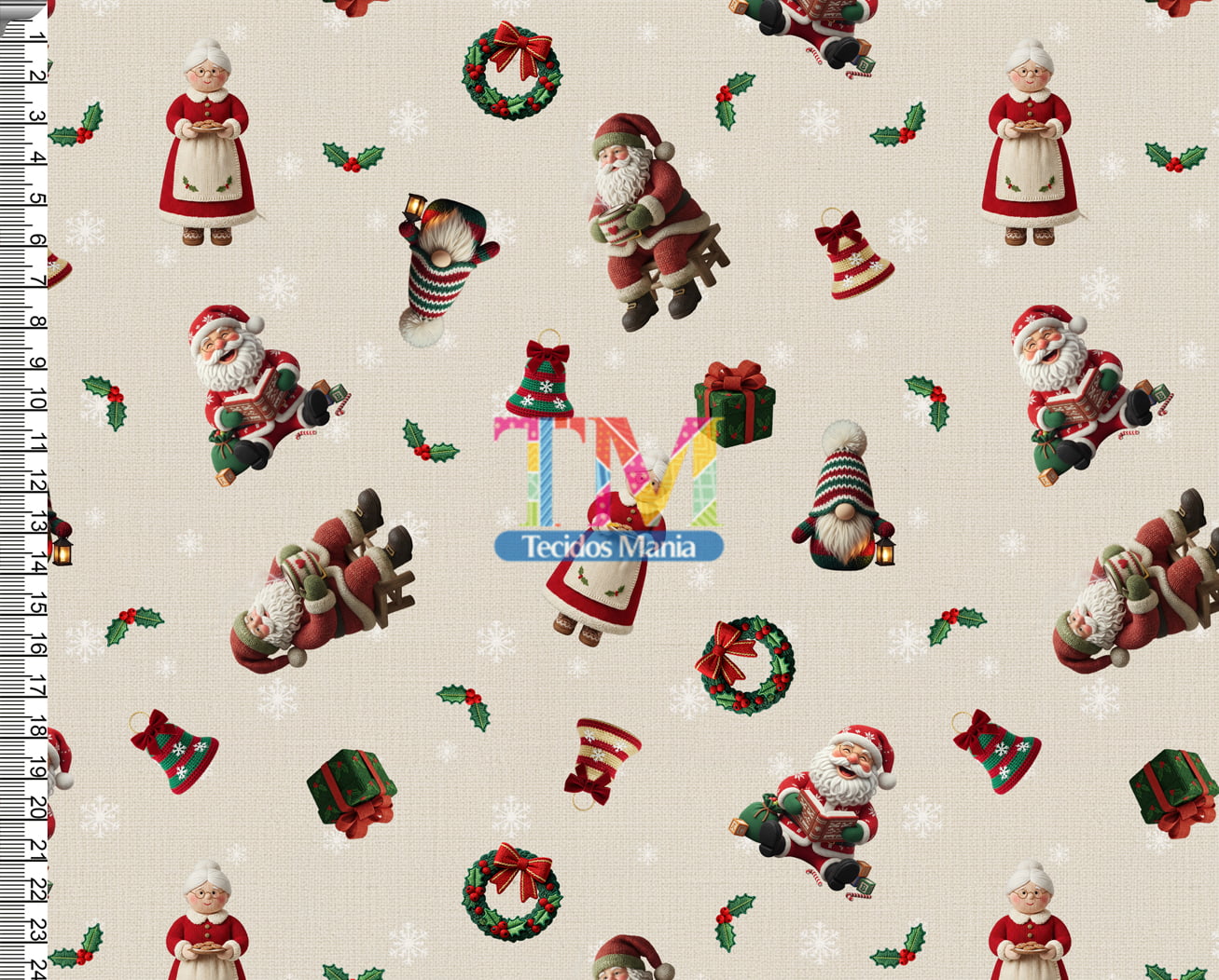 Sintético doll estampado -  Papai e Mamãe noel - Azevinho - Fundo bege - Bordado - 3D