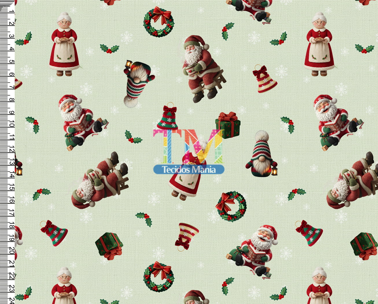 Sintético doll estampado -  Papai e Mamãe noel - Azevinho - Fundo Verde Menta - Bordado - 3D