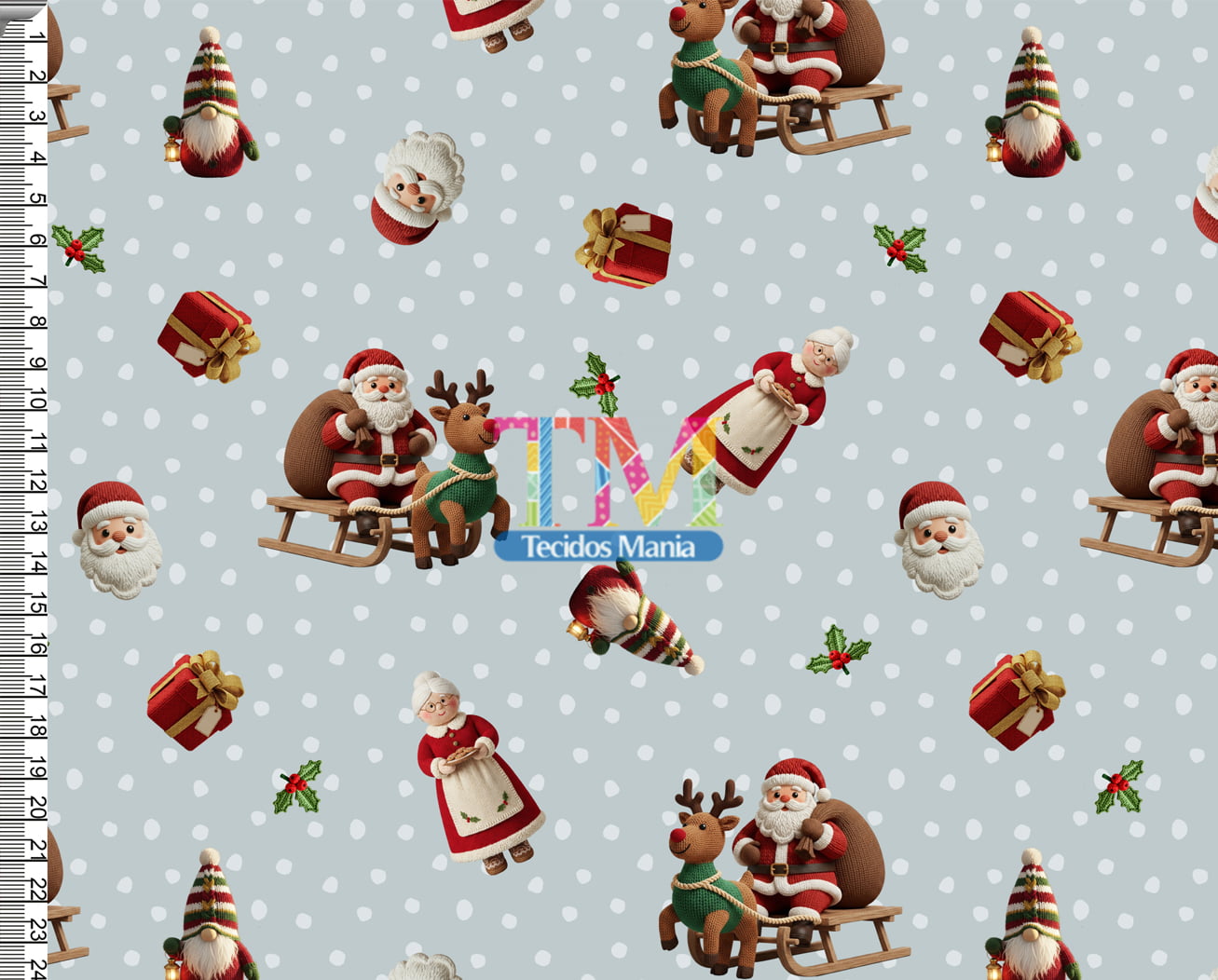 Sintético doll estampado - Papai e Mamãe noel - Cinza - Bordado - 3D