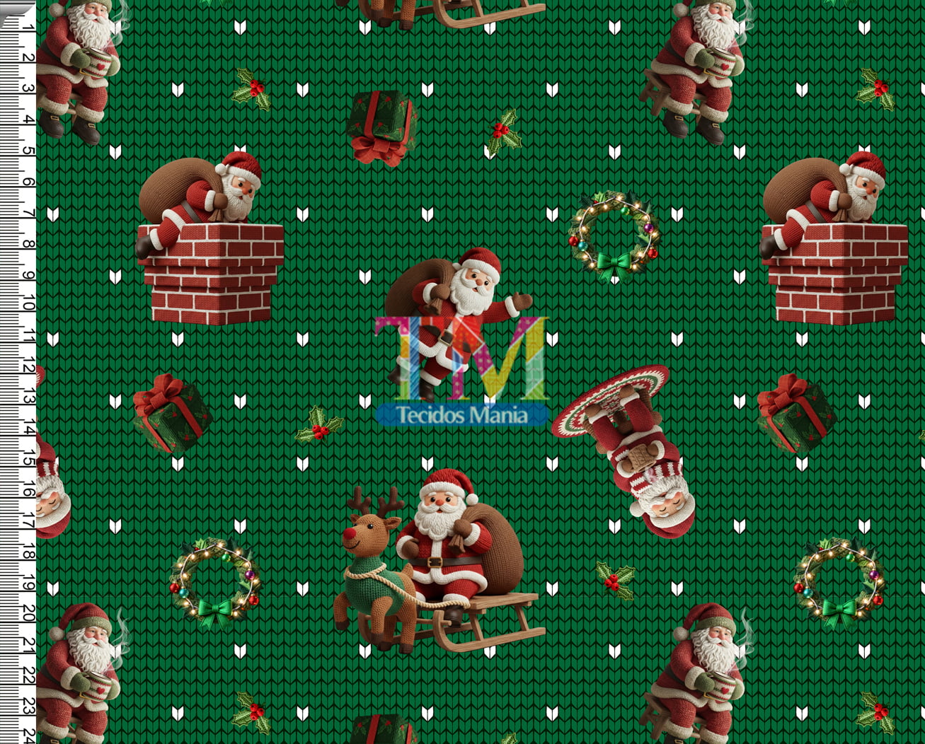 Sintético doll estampado - Papai noel - Chaminé - Fundo verde - Bordado - 3D