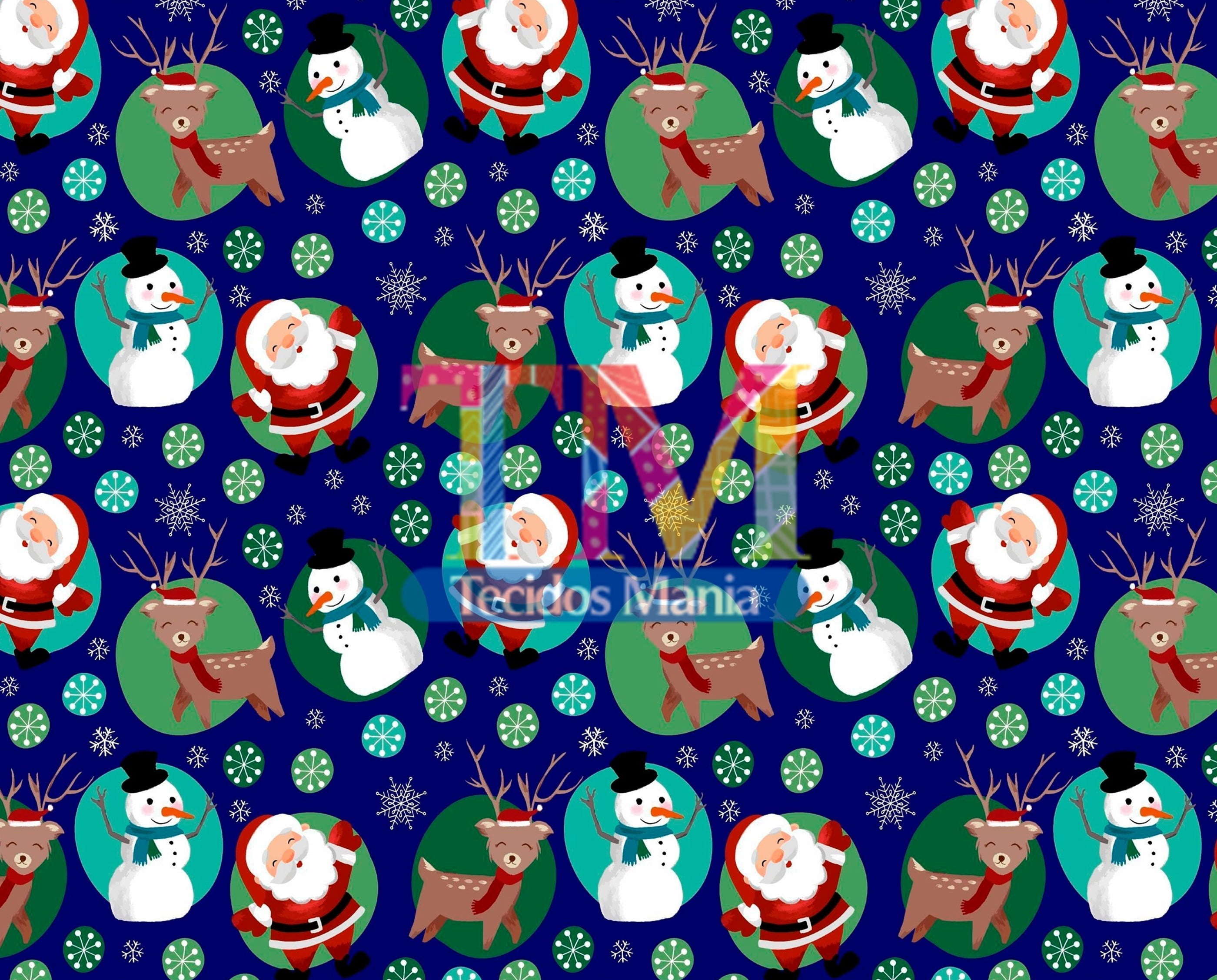 Sintético doll estampado - Papai Noel e boneco de neve - Fundo azul